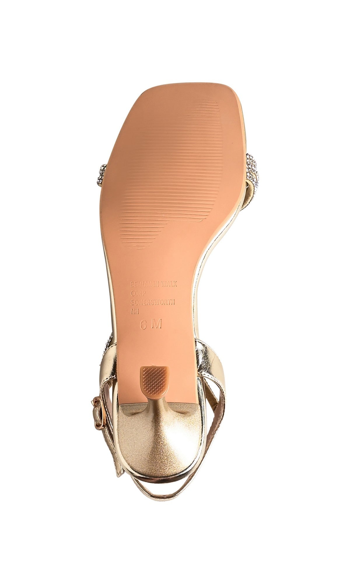 The Tiffany Gold Prom Shoes: Touch Ups 4756 are shown from the bottom with a textured sole, ankle strap, and square toe on a white background—ideal low-heel sandals for special occasions.