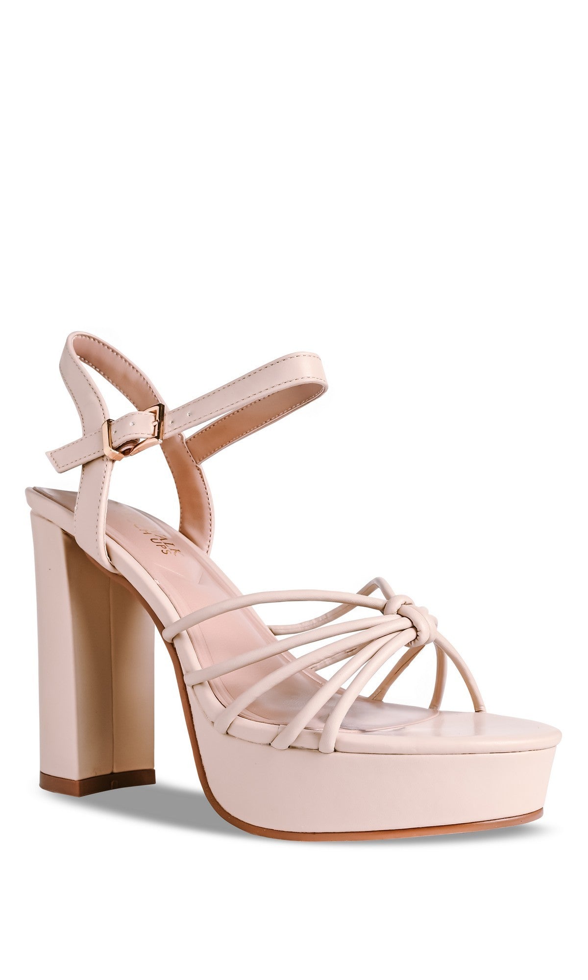 Step into elegance with the Tiara Nude Prom Shoes (Touch Ups 4761)—nude strappy open-toe heels featuring a high platform, ankle strap with buckle closure, and a chic knotted toe design. The perfect faux-leather pair for any occasion.