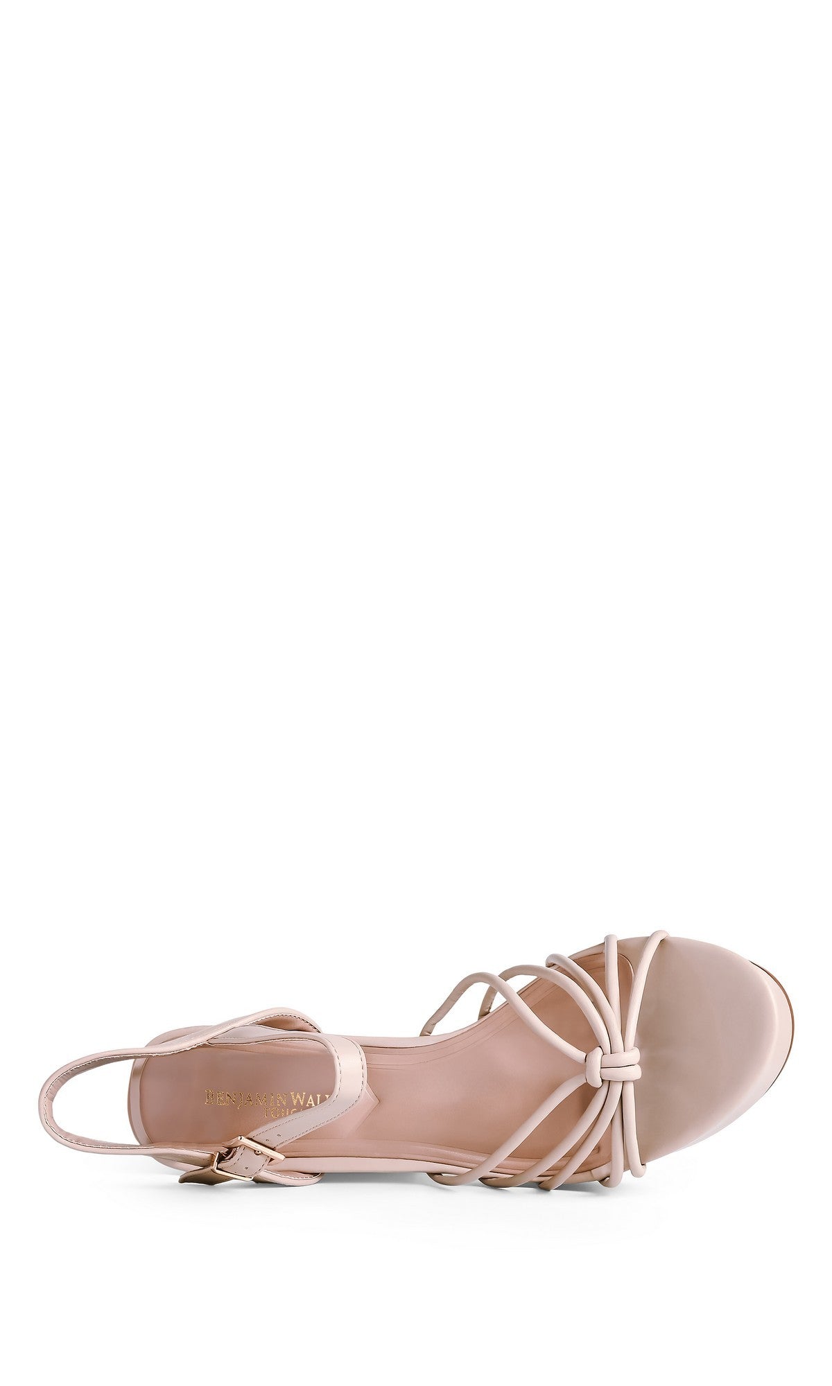 The Tiara Nude Prom Shoes by Touch Ups (4761) feature a pale pink strappy open toe design, low block heel, slingback strap, and knotted front detail, shown from above against a white background.