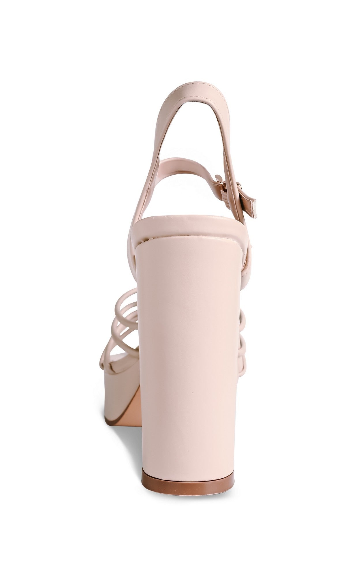 Rear view of the Tiara Nude Prom Shoes: Touch Ups 4761—light pink strappy open toe heels with a thick block heel, ankle strap, and multiple toe straps—perfect for adding style to your prom look, shown against a white background.