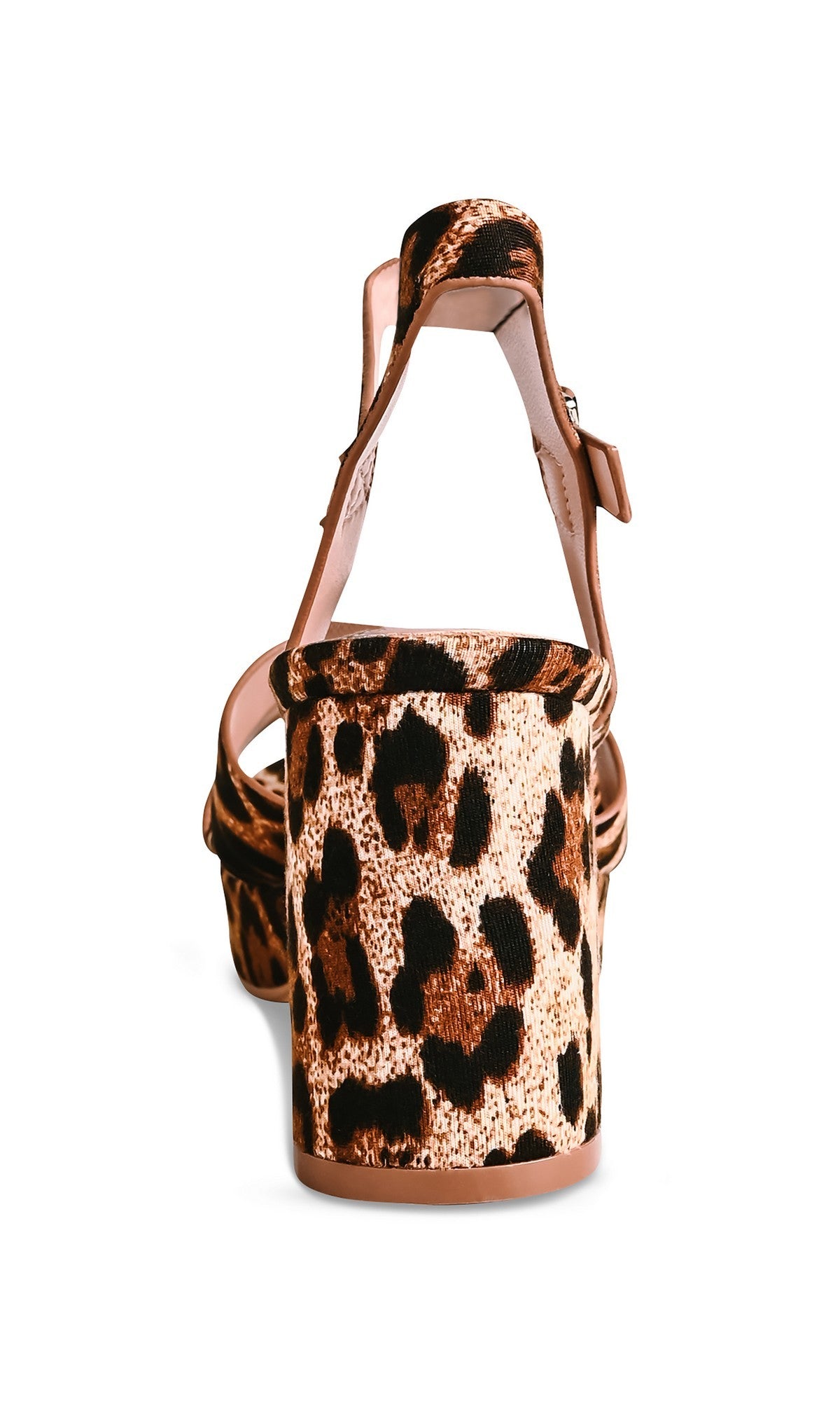 A close-up rear view of the Toby Leopard Prom Shoes (Touch Ups 4767), featuring a high-heeled sandal design with an ankle strap and bold block heel platform in leopard print.