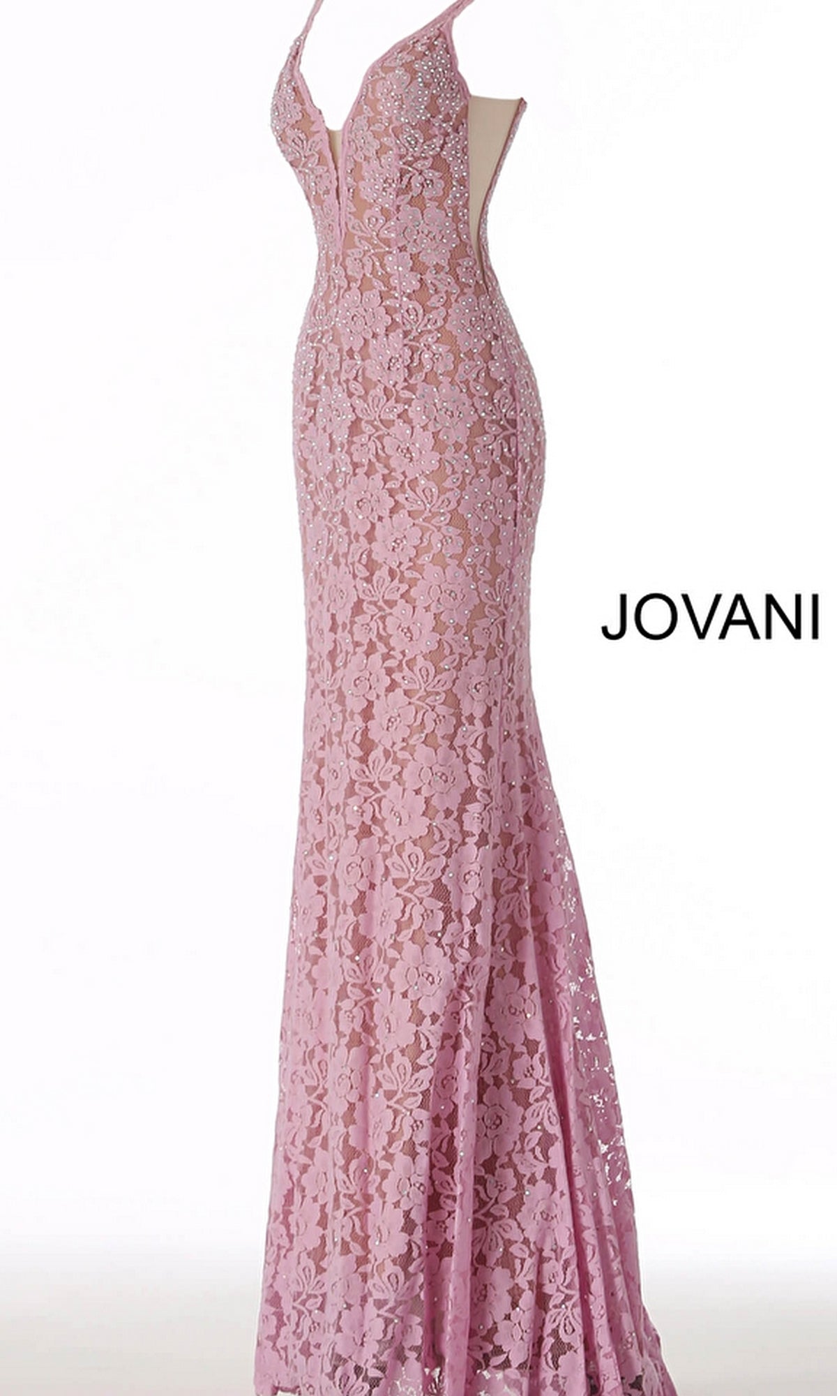 The Illusion-Sides Long Lace Prom Dress (Jovani 48994) is a floor-length, sleeveless, light pink gown with a fitted silhouette, deep v-neckline, and open-back. Displayed on a white background with