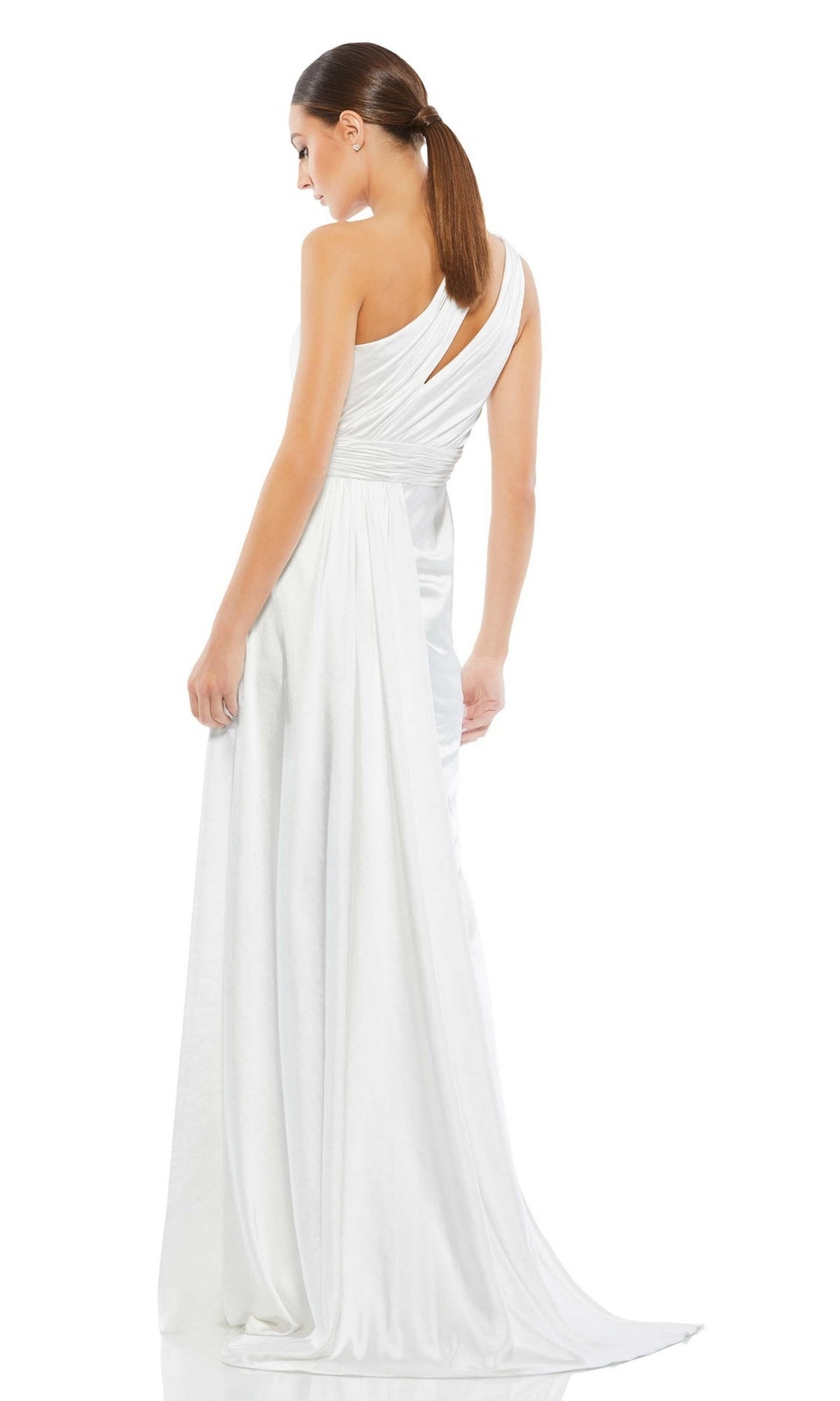 Woman wearing the Long Formal Dress 49006 by Mac Duggal, a white one-shoulder gown with a draped back and floor-length train, standing against a plain white background.