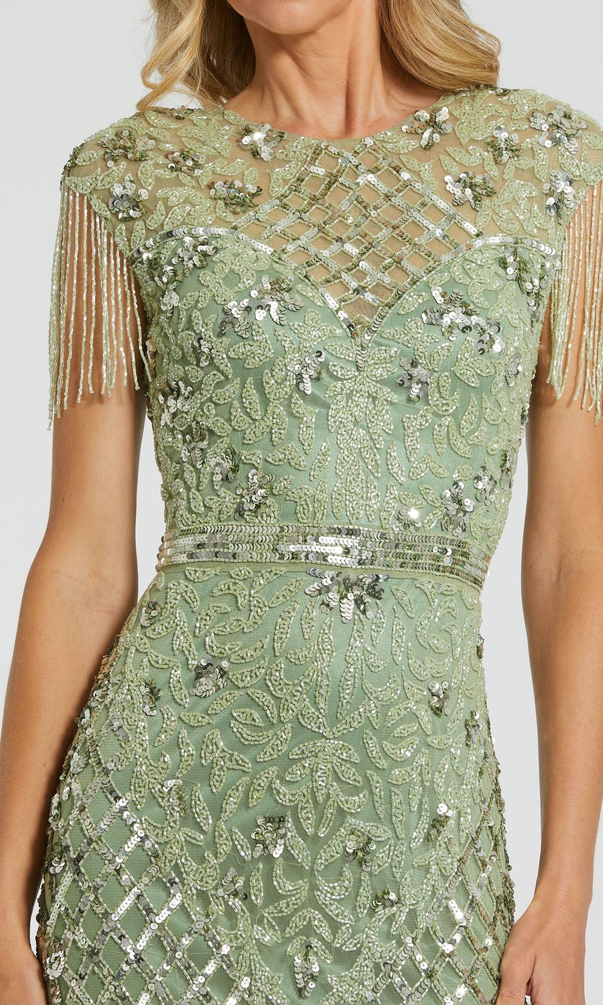 Woman in a Cap-Sleeve Beaded Formal Gown: Mac Duggal 4908, light green, with sequin embroidery, diamond-patterned sheer neckline, and beaded fringe sleeves.