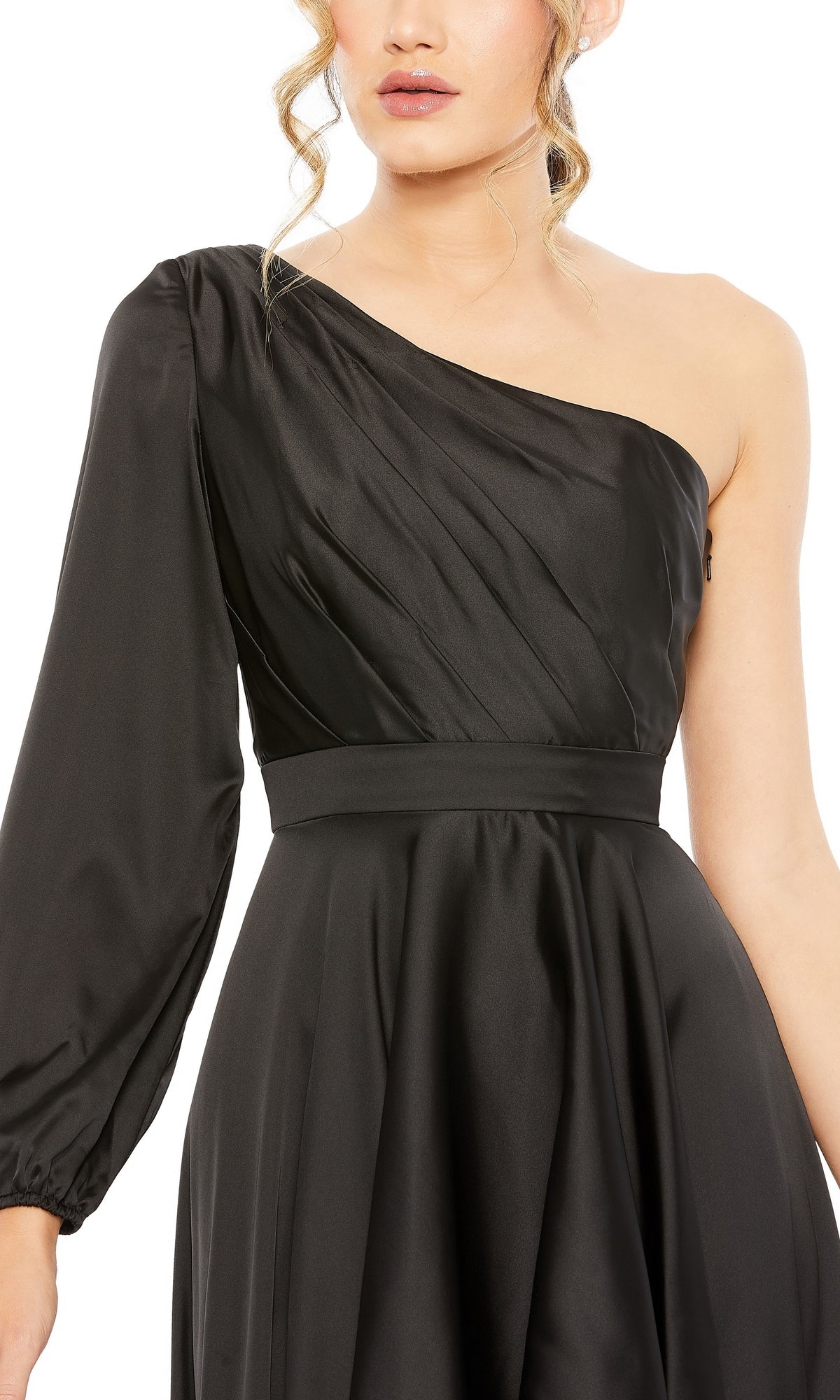 A woman models the Mac Duggal 49141 One-Sleeve High-Low Prom Dress, a chic black evening gown featuring a fitted waist and dramatic single long sleeve, shown from neck to waist.