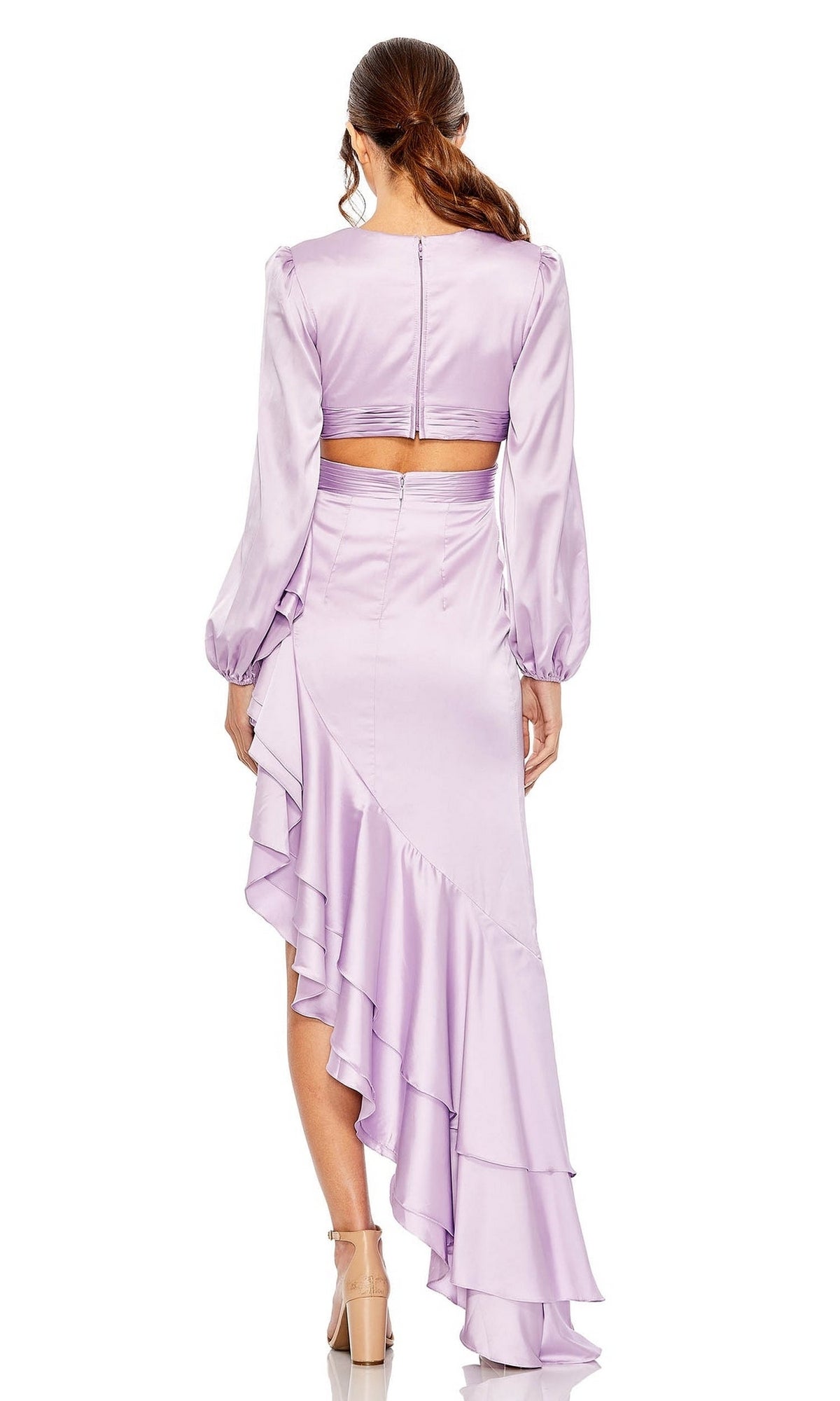 Woman wearing the Long Sleeve High-Low Party Dress: Mac Duggal 49524 in light purple, featuring long sleeves and an asymmetrical ruffled skirt, viewed from the back.