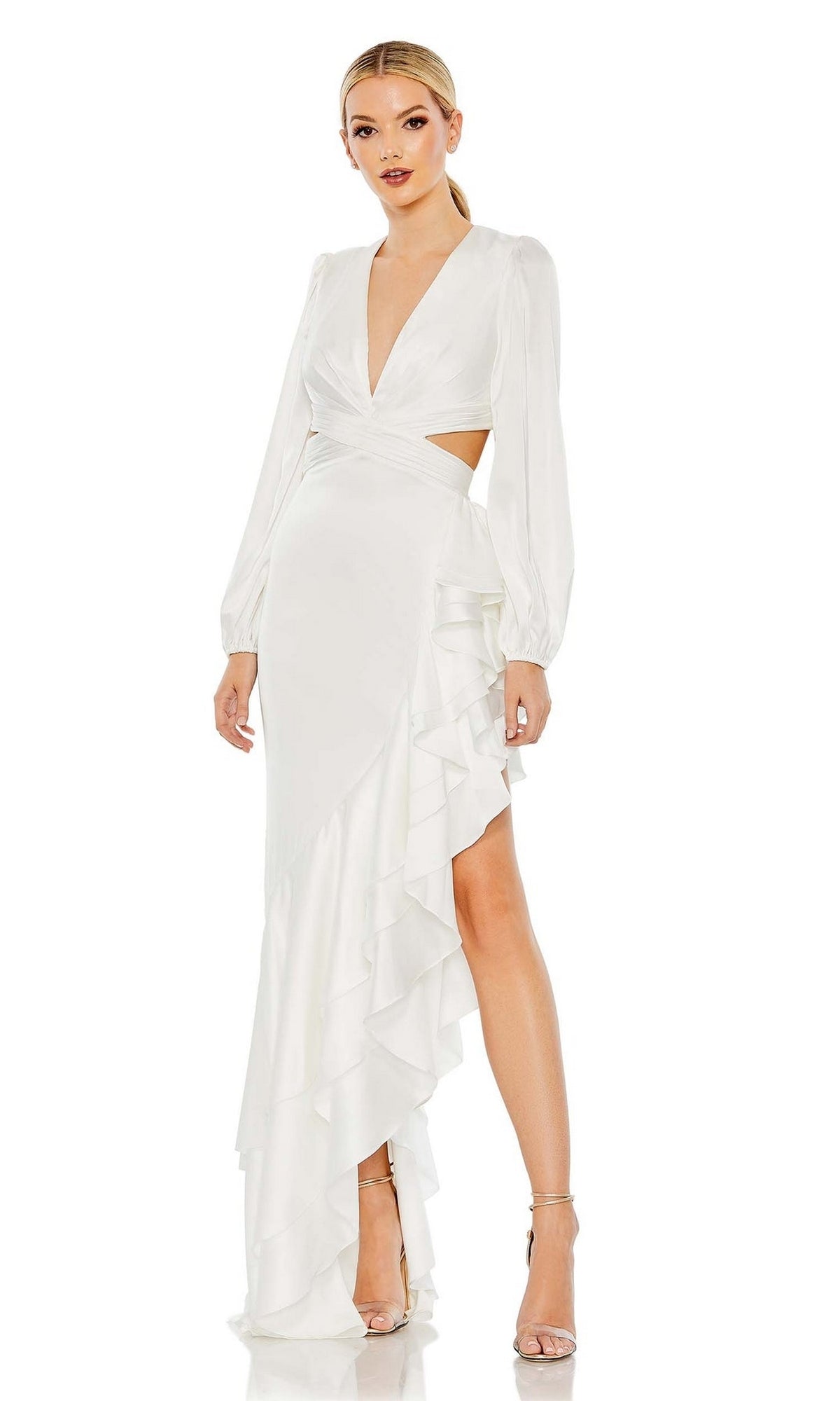 A woman wearing the Mac Duggal 49524 long sleeve high-low party dress with a deep V-neck, side cutouts, ruffled asymmetrical skirt, and high-heeled sandals.