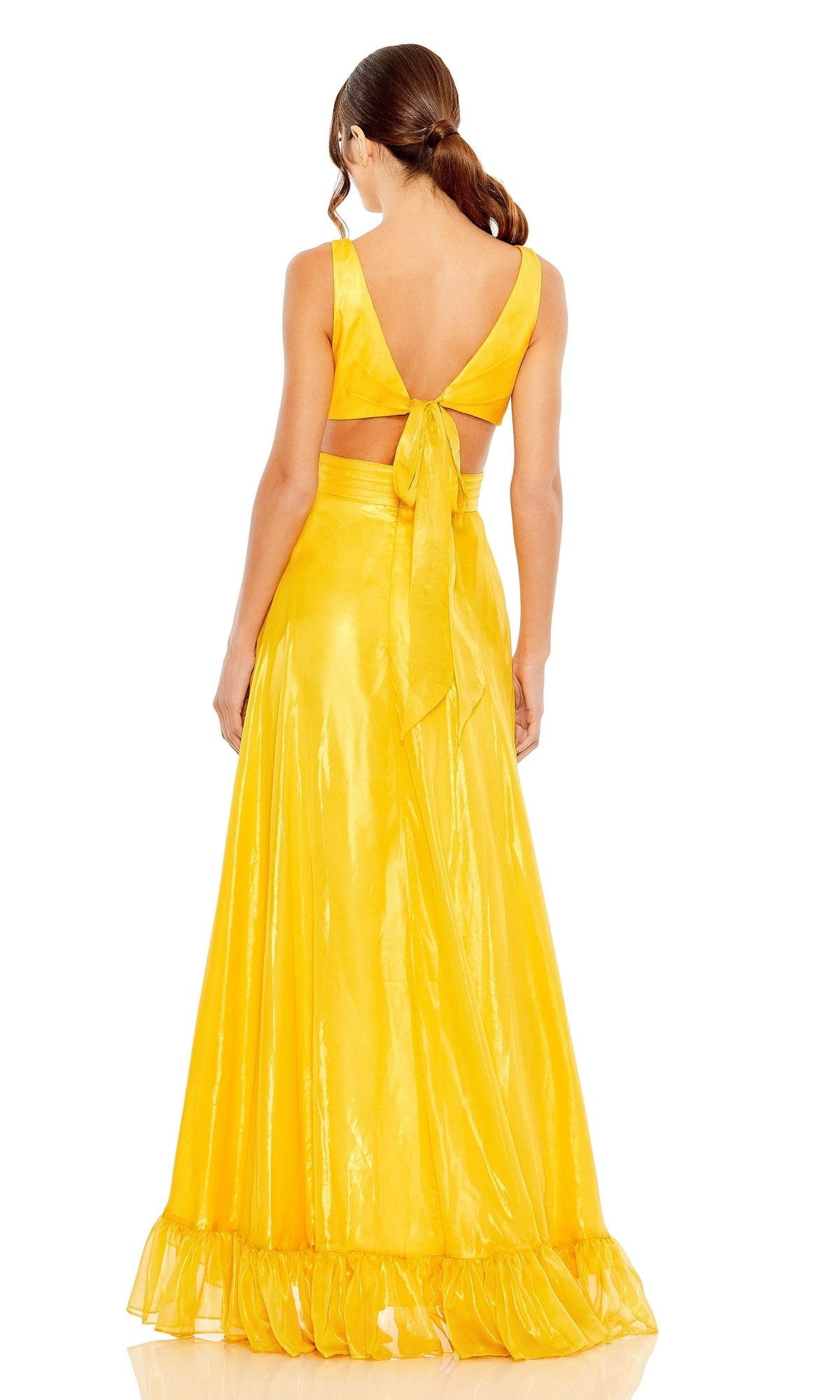 Woman wearing the Mac Duggal 49526 Ruffled High-Low Formal Dress, featuring a sleeveless yellow crop top with back tie and a flowing ruffled skirt; a radiant semi-formal look seen from behind.