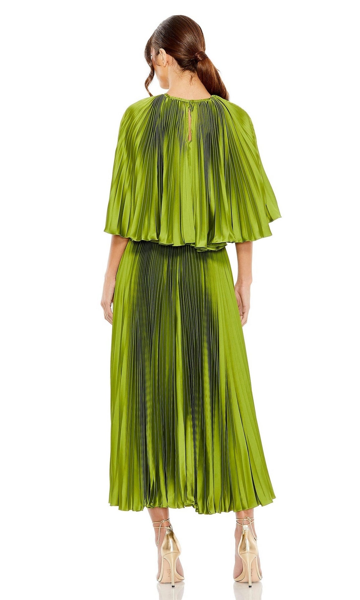 A woman faces away, wearing the shiny green Caped Tea-Length Party Dress: Mac Duggal 49638 with pleats, an A-line silhouette, cape-style top, and nude high-heeled shoes.