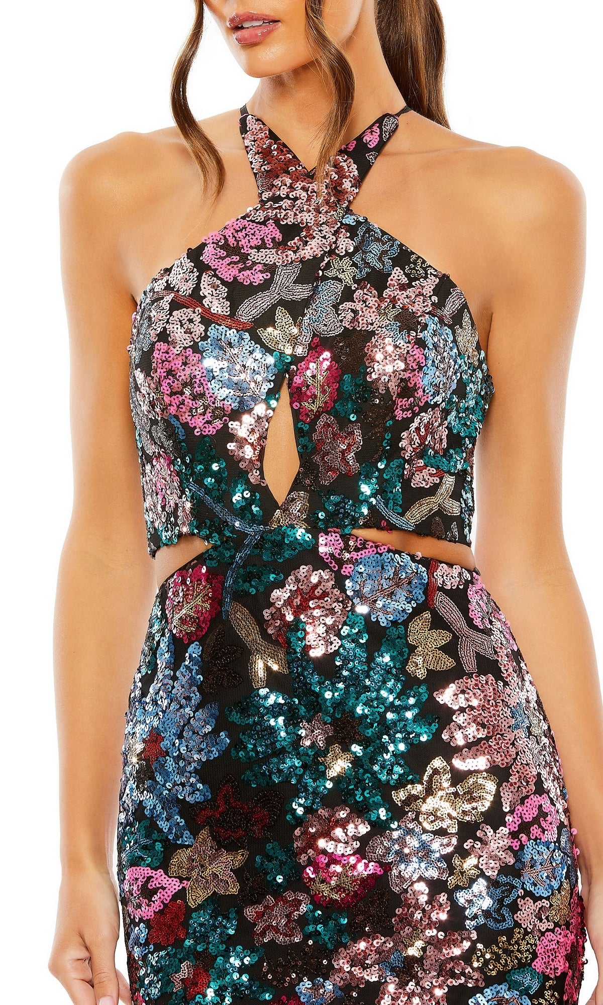 Woman wearing the Mac Duggal 49695 Multicolor Sequin Formal Dress, a halter neck gown featuring vibrant floral patterns and front cut-out details.