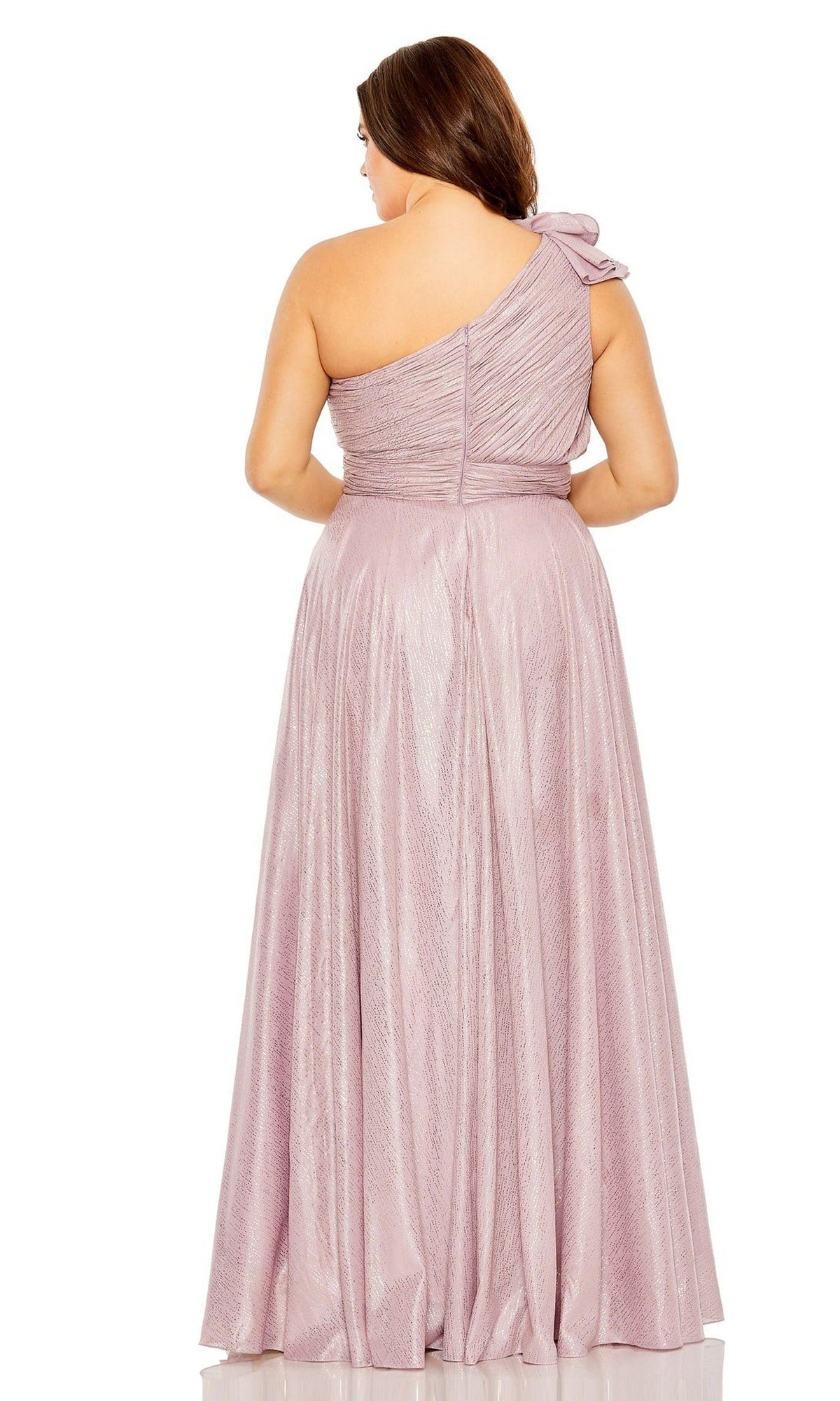 A woman stands with her back to the camera against a white background, wearing the Mac Duggal Plus-Size Lilac Formal Dress 49713W featuring a long, elegant one-shoulder a-line silhouette.