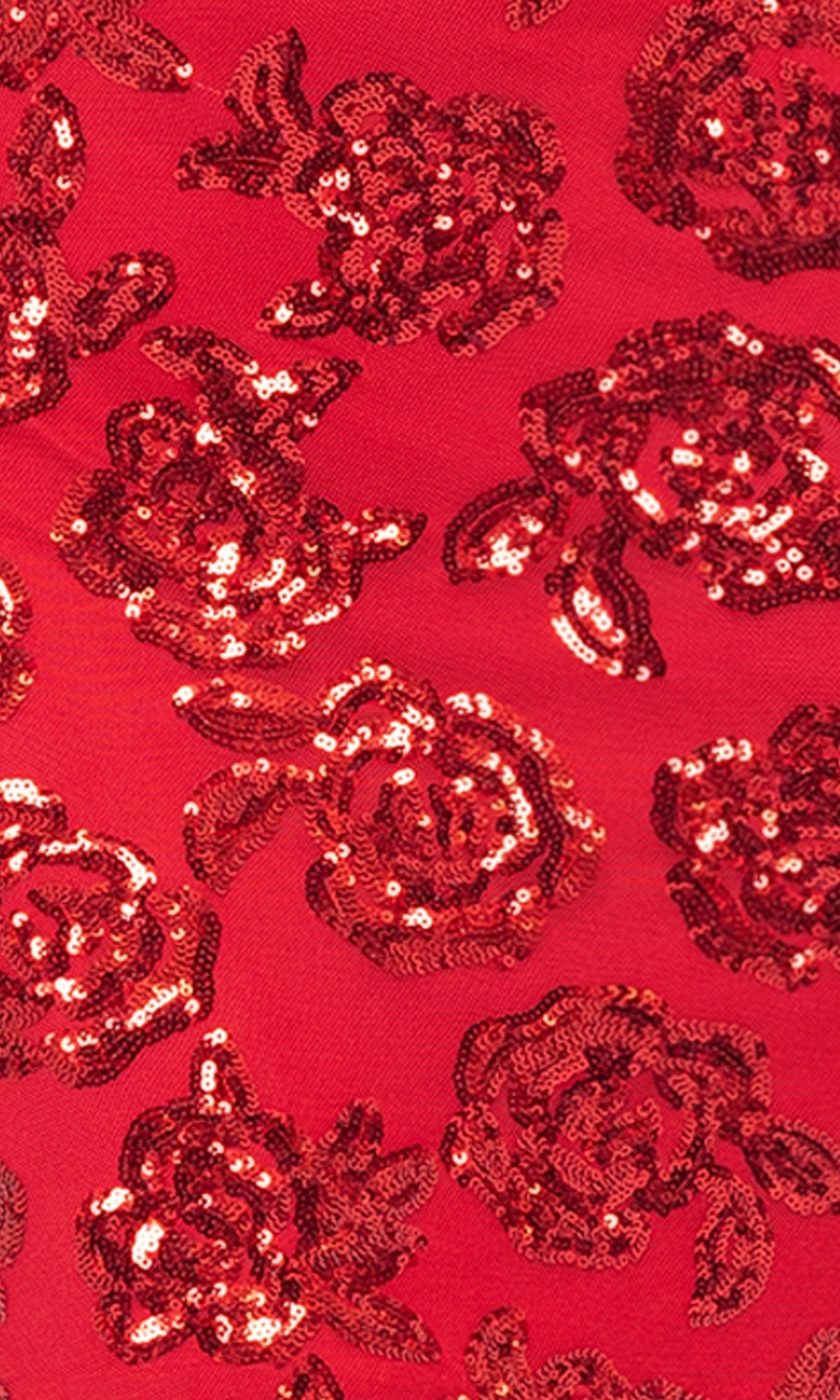 The Cut-Out Short Red Glitter Hoco Dress 4971BN features a red fabric with sparkling sequin roses, perfect for a glitter-print party look or a short red homecoming dress.