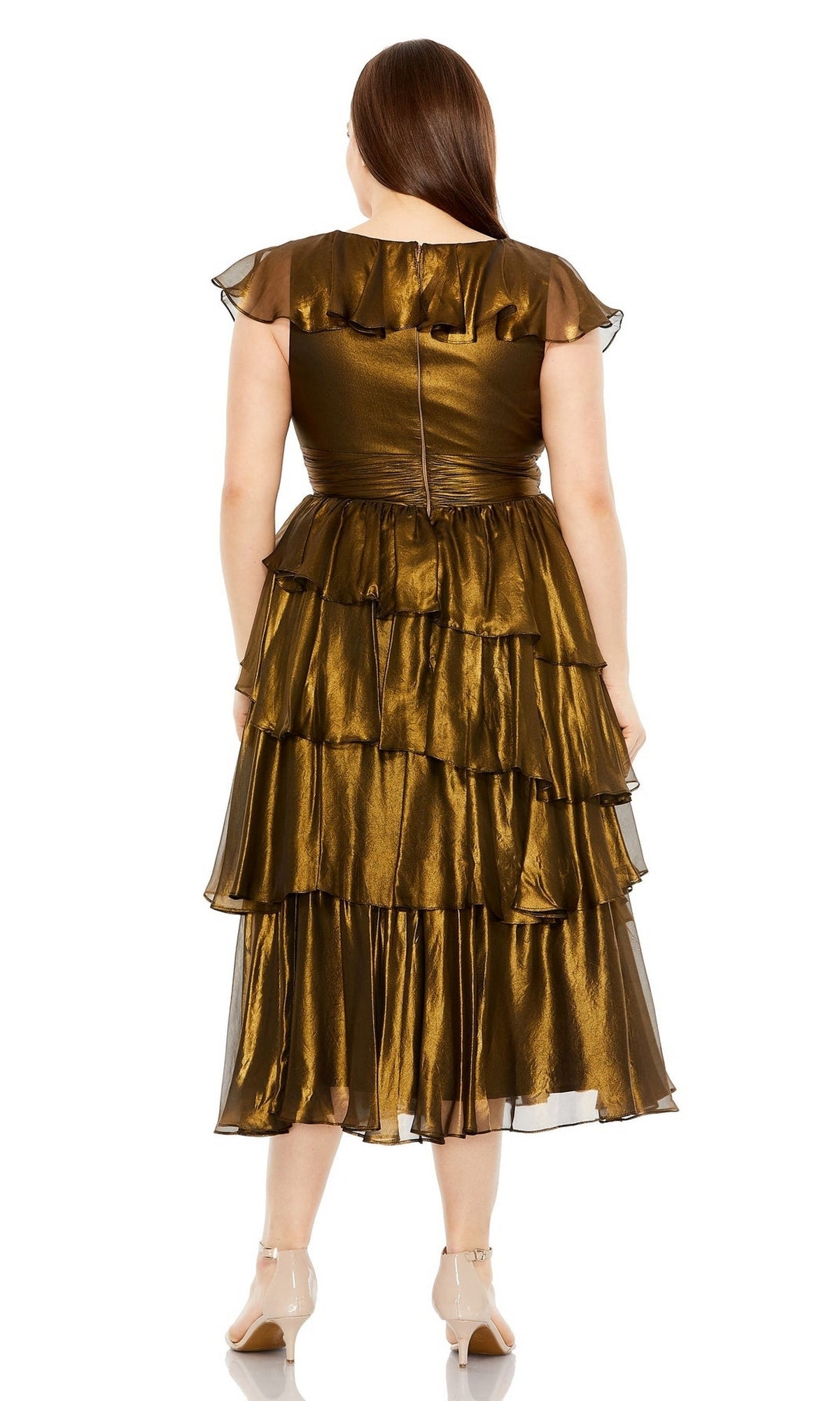 A woman is shown from the back wearing the Plus-Size Short Gold Wedding-Guest Dress 49775W with flutter sleeves and nude heels.