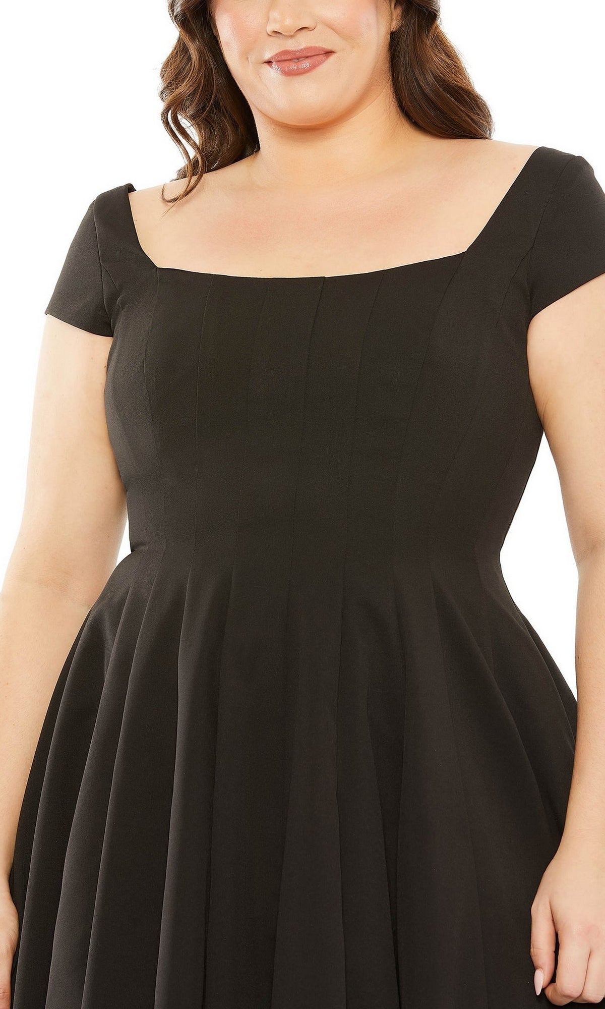 A person wearing the Plus-Size Short Black Wedding-Guest Dress 49784W, featuring short sleeves, a square neckline, a fitted bodice, and a flared skirt, shown from shoulders to waist.