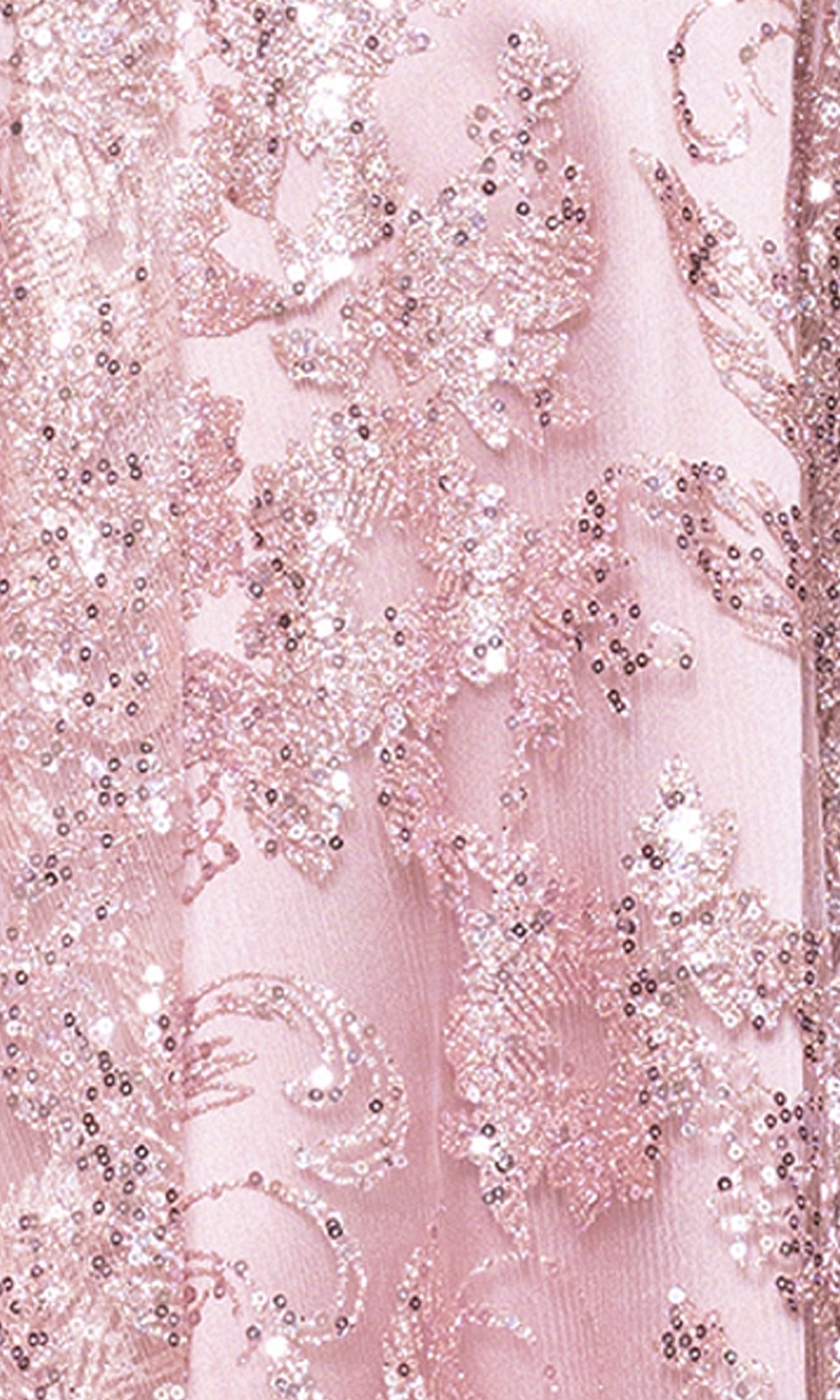 Close-up of light pink fabric with intricate sequin and glitter floral embroidery from the Mini Glitter Hoco Dress: Blondie Nites 5001BN-1, perfect for a junior party dress or sparkly short homecoming dress.