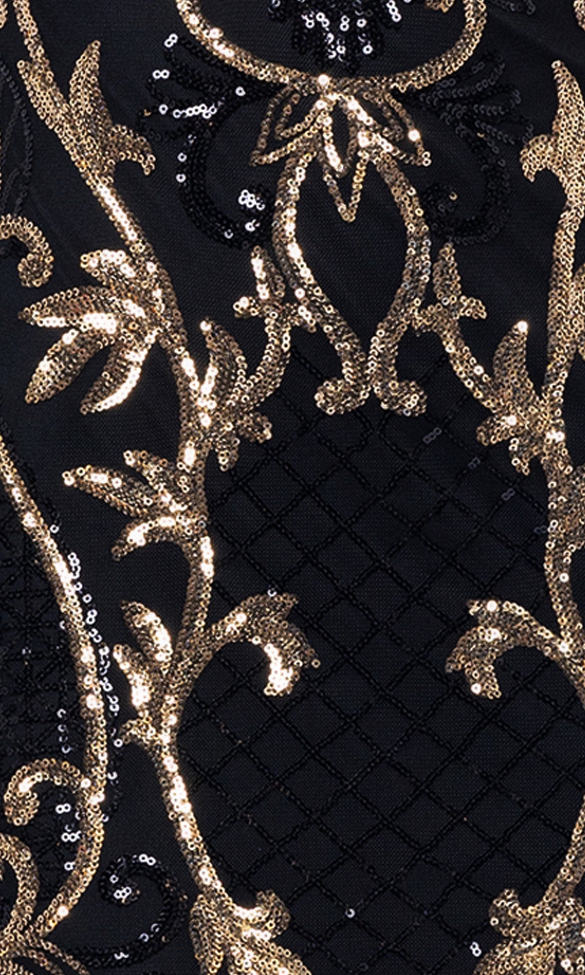 Close-up of the One-Sleeve Short Black and Gold Hoco Dress 5013BN, featuring black quilted diamond-pattern fabric with gold sequin floral and vine embroidery—ideal for a stylish junior-size party or homecoming look.