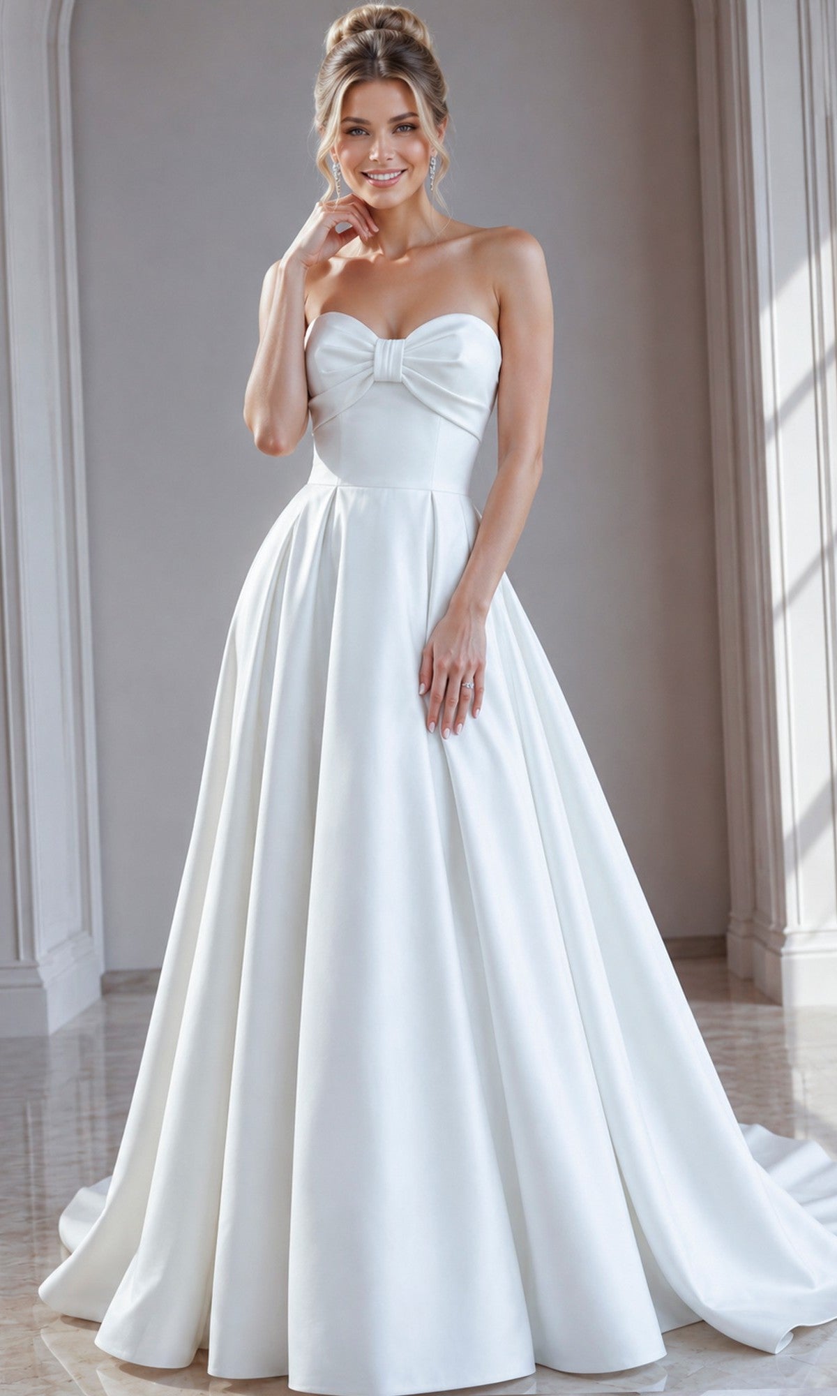 A woman wearing the Long Formal Dress: Jovani 50534—a strapless satin gown featuring a fitted bodice, bow detail, and a full, floor-length skirt—stands indoors on a glossy floor.
