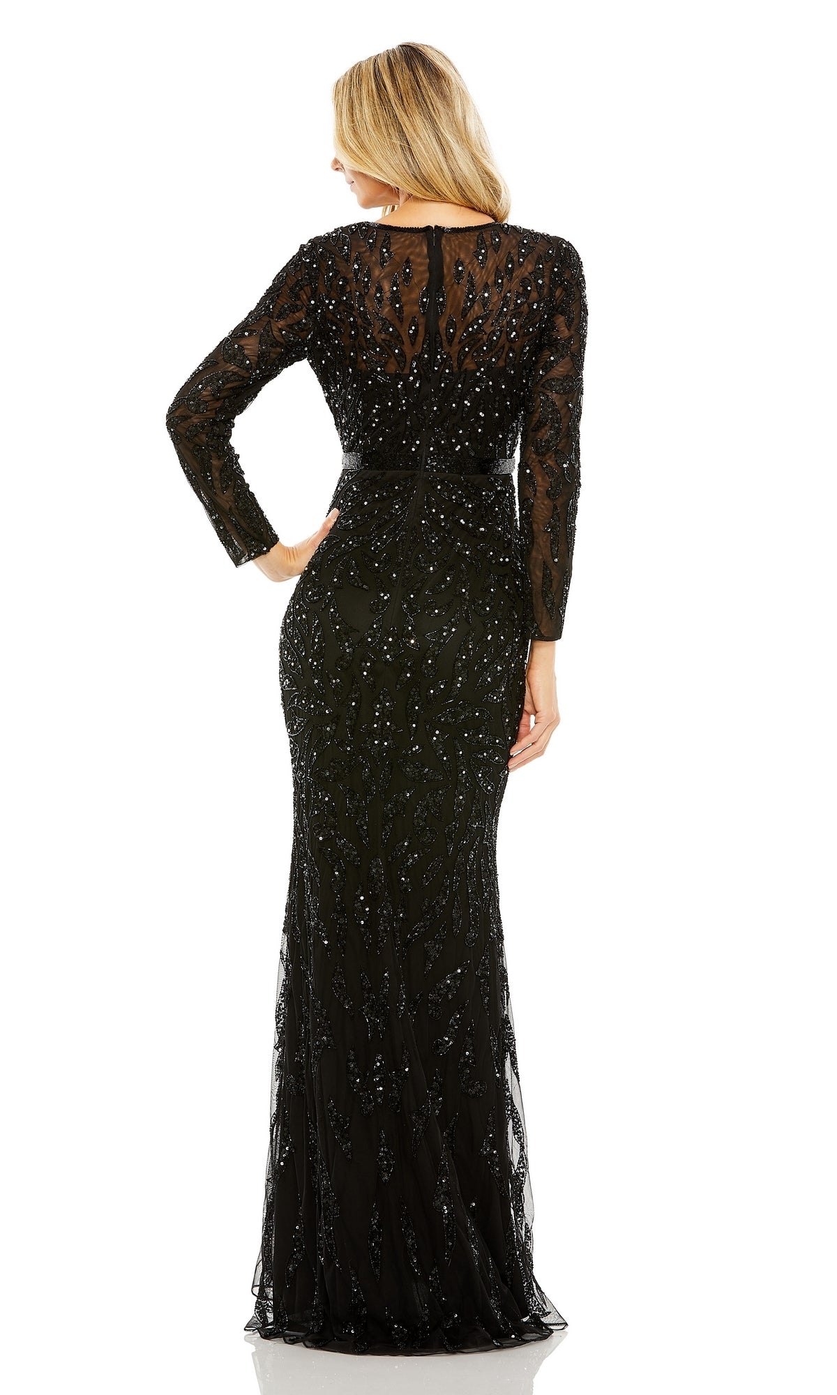 Woman stands with her back to the camera, wearing the Mac Duggal 5124 Long Sleeve Sequin Formal Dress—a modest evening gown featuring sparkling sequins and sheer detailing.