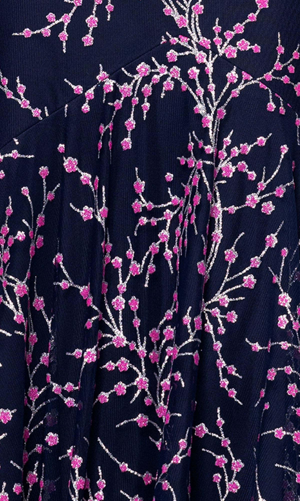 The Navy Blue Print Prom Dress: Blondie Nites 5273BN features navy blue fabric with pink and white cherry blossom embroidery—ideal for a navy blue prom dress or a unique pink floral prom look.
