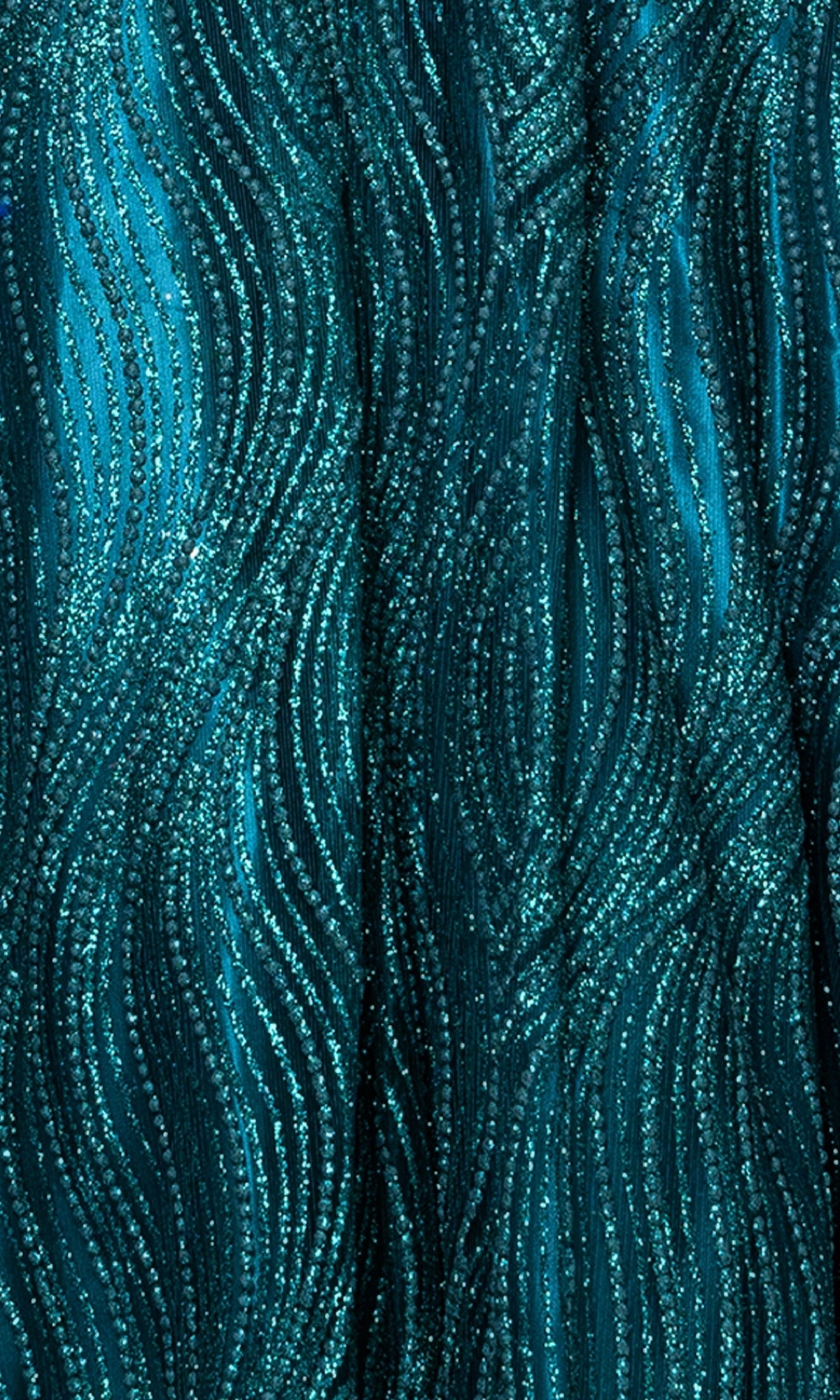 Close-up of teal fabric from the Long Glitter Prom Dress: Blondie Nites 5406BN, featuring wavy glittery textured patterns in curved lines.