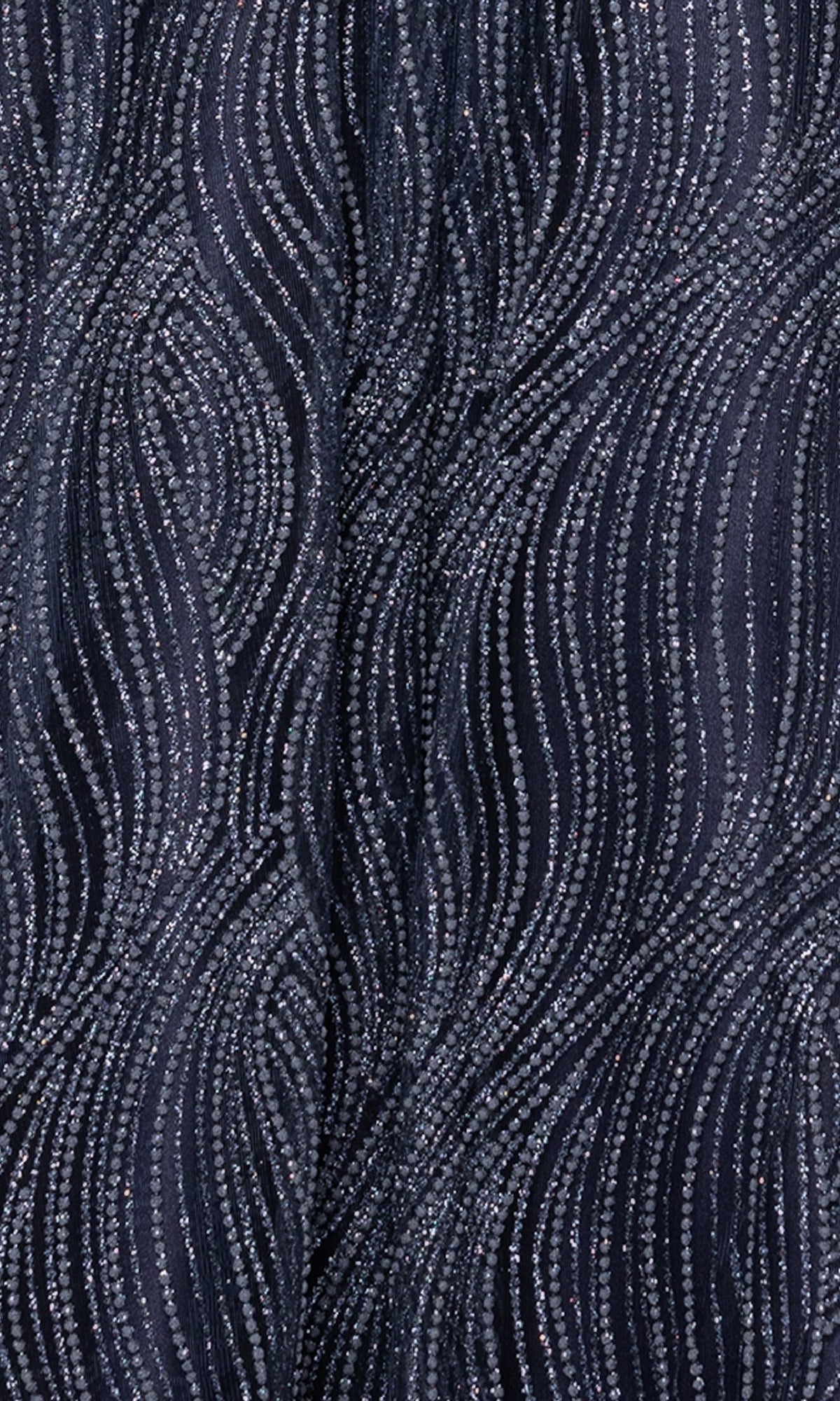 Close-up of dark fabric from the Long Navy Blue Prom Dress: Blondie Nites 5416BN, featuring raised, wavy metallic silver lines that form an abstract textured pattern.