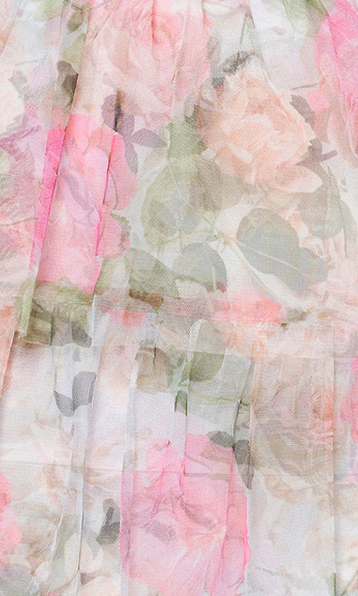 Close-up of the sheer, pleated fabric in pastel pink, peach, and green floral print from the Floral-Print Long Prom Dress: Blondie Nites 539BN—perfect for prom or formal events.