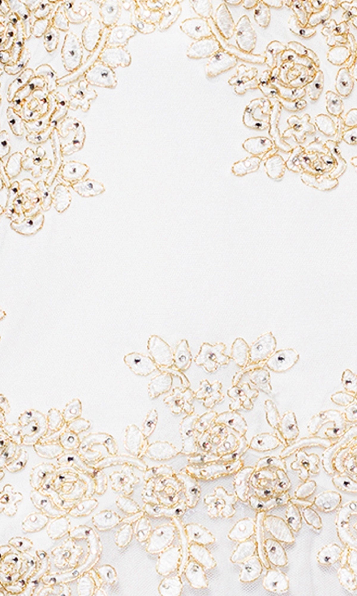 The Long Prom Dress: Blondie Nites 5455BN features white fabric with gold floral embroidery and clear beads, ideal for an ivory prom dress or elegant gold lace appliqués.