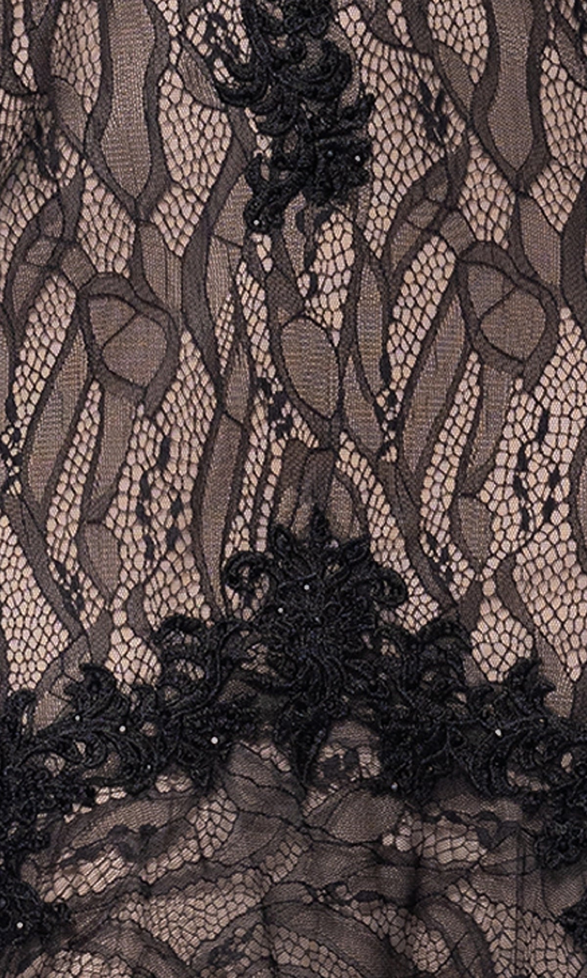 Close-up of black lace with floral and geometric designs over nude background, as seen in the Long Black Lace Prom Dress: Blondie Nites 5463BN.