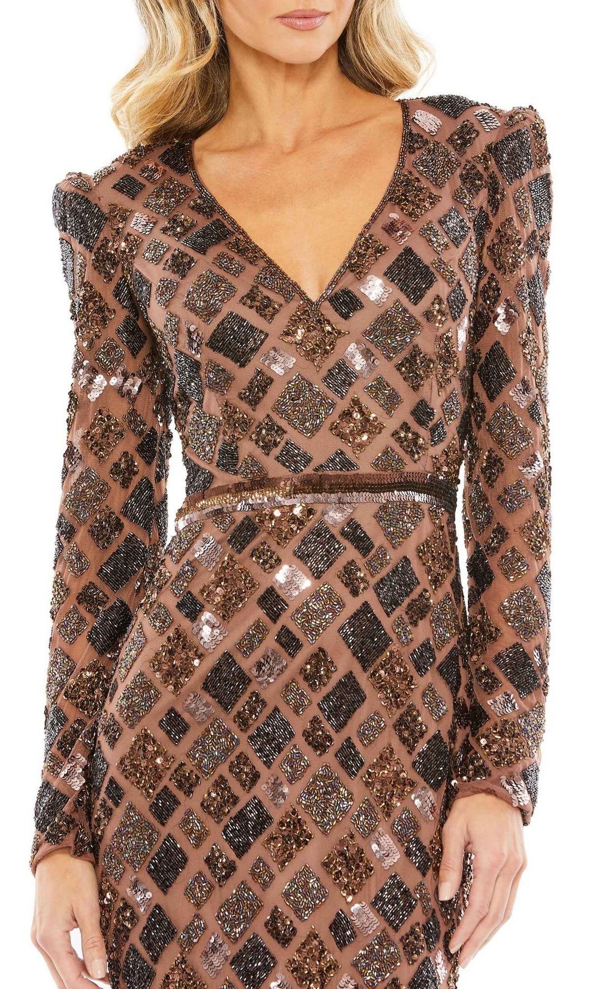 A woman wears the Mac Duggal Short Semi-Formal Dress 5472—a chocolate brown, black, and sequin midi sheath dress with long sleeves, V-neckline, fitted waist, and elegant geometric patterns.