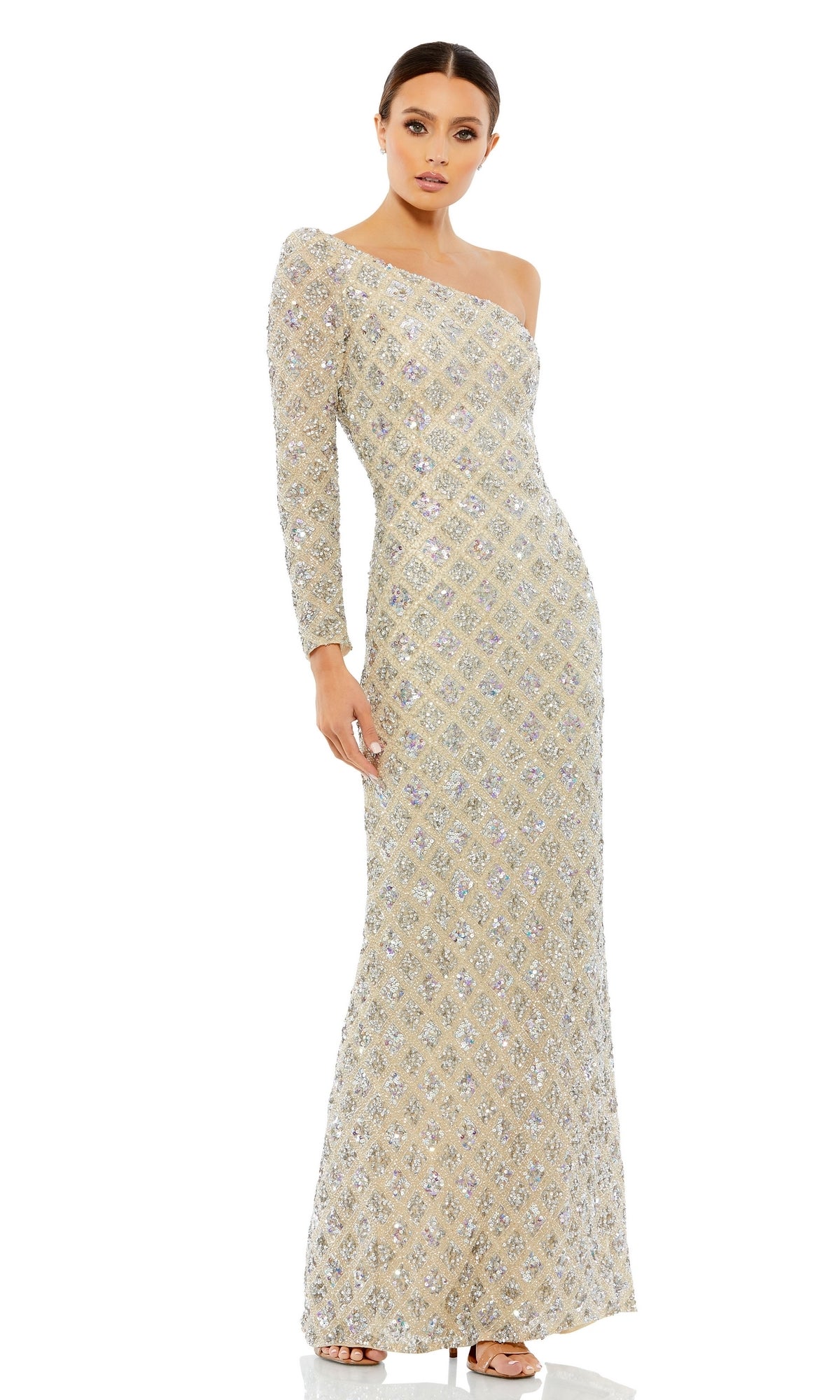 A woman wears the Long Formal Dress 5479 by Mac Duggal, a sparkling one-shoulder sequin gown with a floor-length silhouette, standing gracefully against a white background.