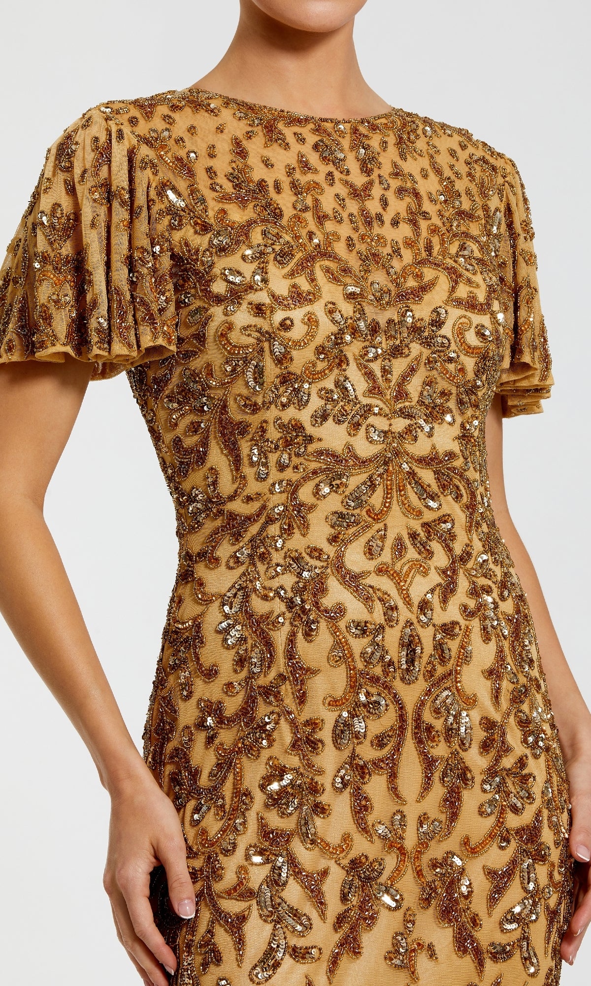 Gold sequin dress with ruffled sleeves on a white background