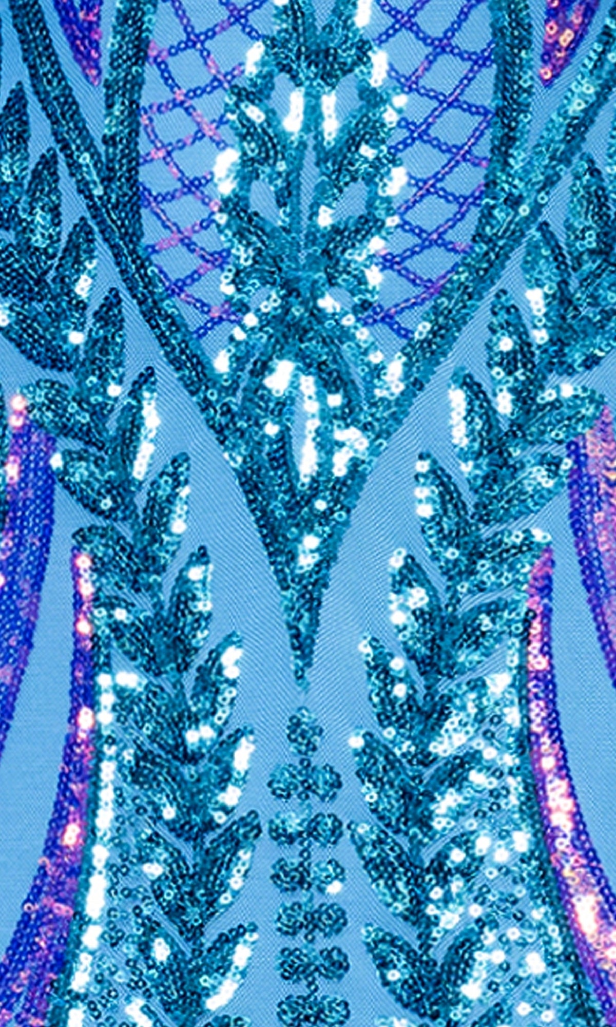 Close-up of the Long Blue Sequin Prom Dress (Blondie Nites 5493BN) fabric, highlighting its intricate, symmetrical aqua blue sequin patterns and shimmering light reflections.