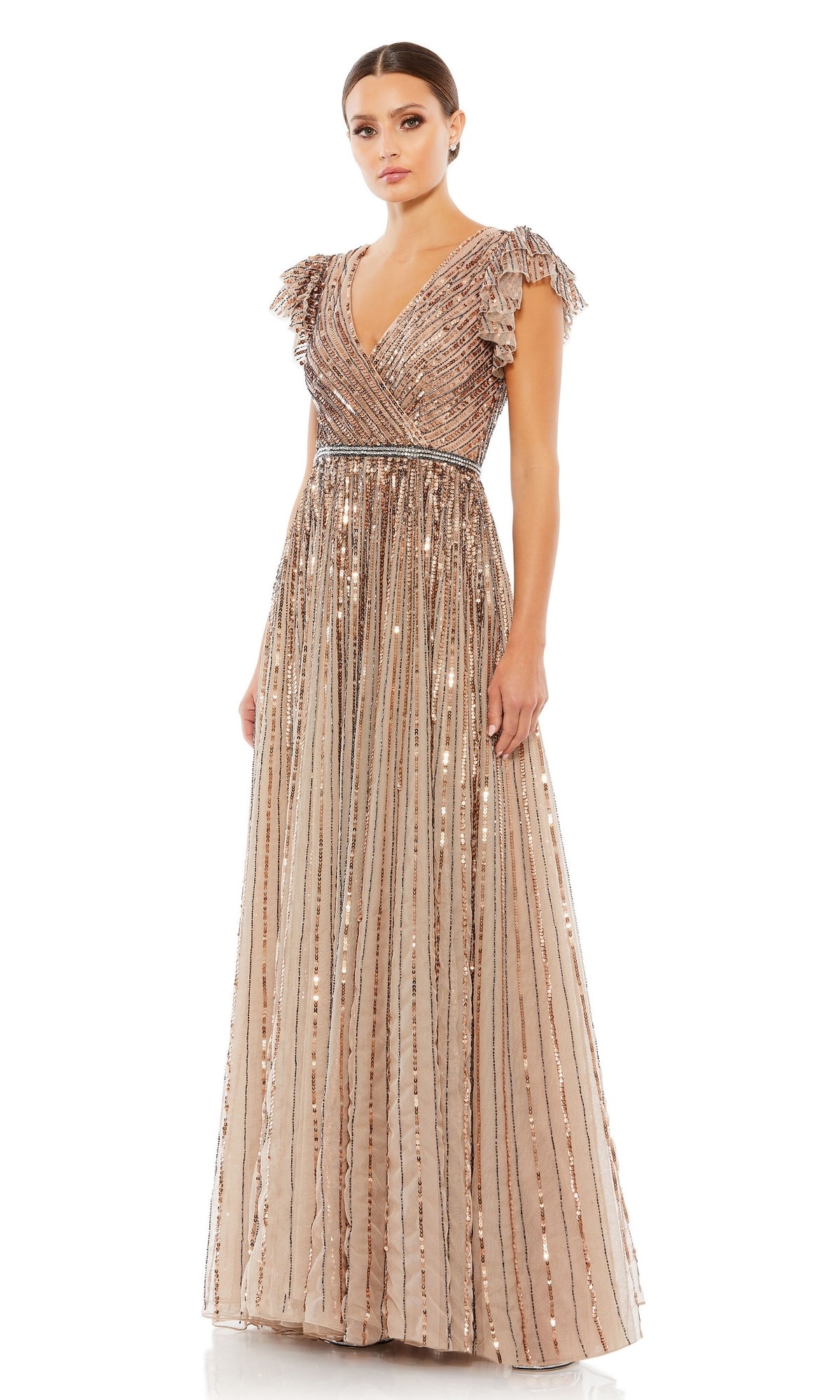 A woman stands against a white background wearing the Mac Duggal 5502 Sequin-Stripe Long Formal Dress in champagne, featuring short sleeves, metallic vertical stripes, and ruffle shoulder details.