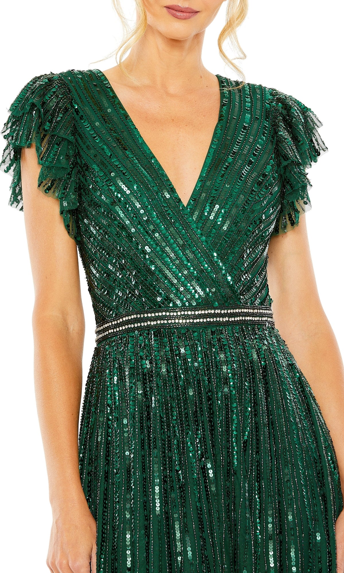 A woman wears the Mac Duggal 5502 Sequin-Stripe Long Formal Dress in deep green, featuring a V-neck, short ruffled sleeves, vertical sequin stripes, and a beaded waistband—ideal for any special occasion.
