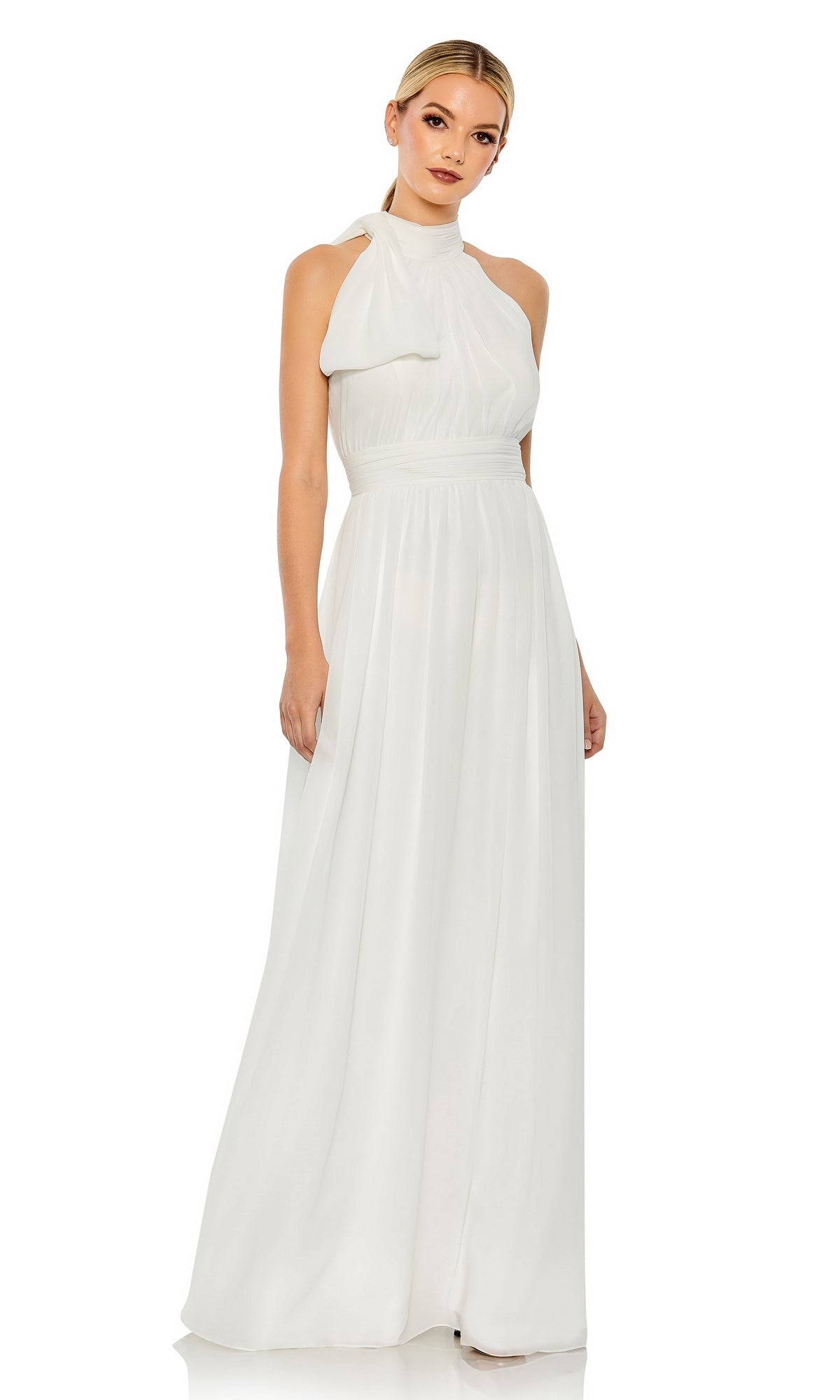A woman models the Mac Duggal 55035 High-Neck Long Formal Dress—sleeveless, floor-length, and white—standing against a plain white background.