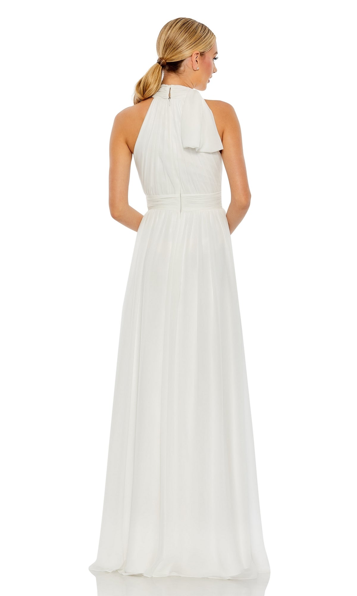 A woman models the High-Neck Long Formal Dress: Mac Duggal 55035, a floor-length white gown with a gathered bodice and one-shoulder design, photographed from the back against a plain white background.