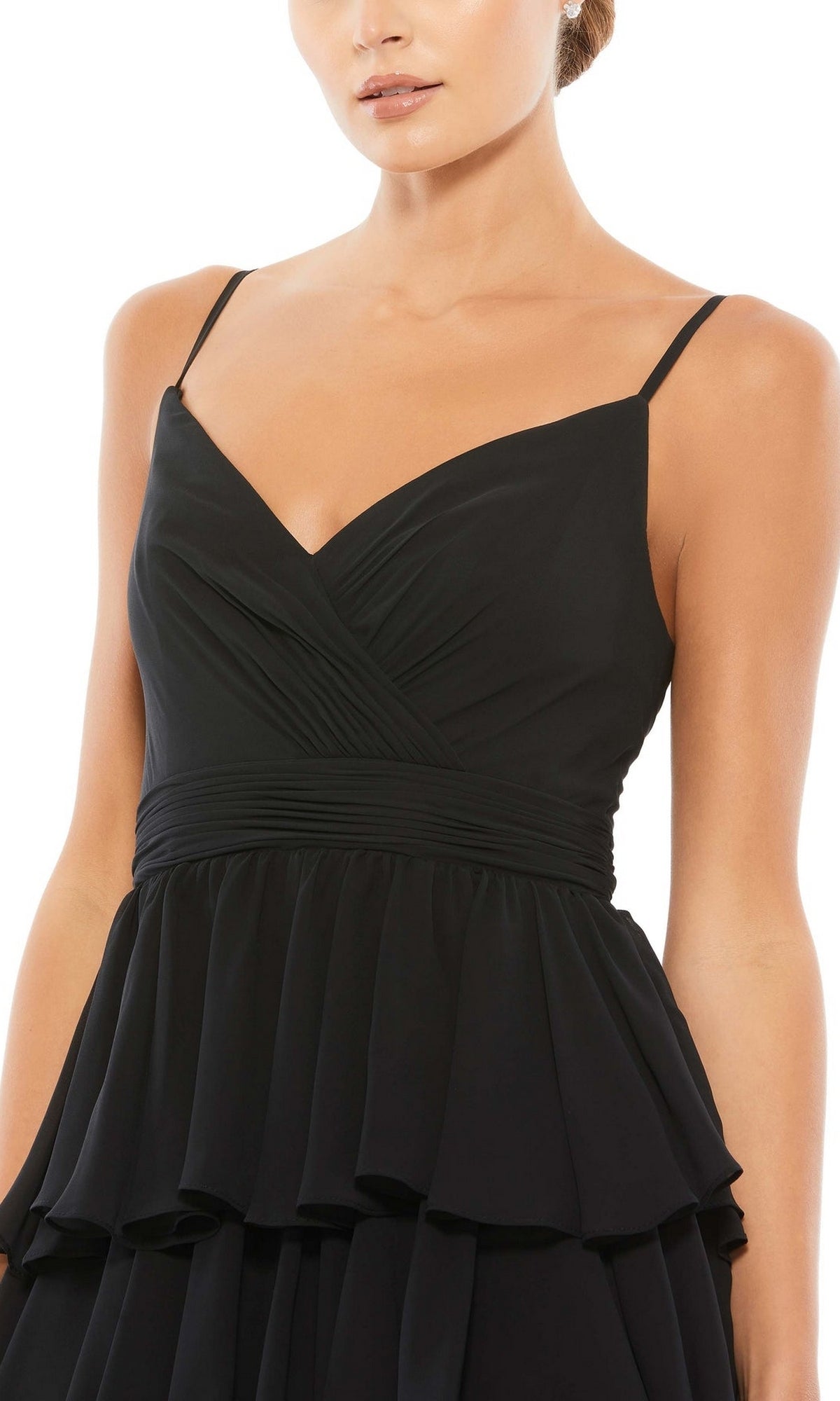 A woman wears the Mac Duggal 55416 Ruffled Long A-Line Prom Dress—sleeveless, black, with thin straps, a V-neckline, and a layered ruffled skirt for an elegant evening look.
