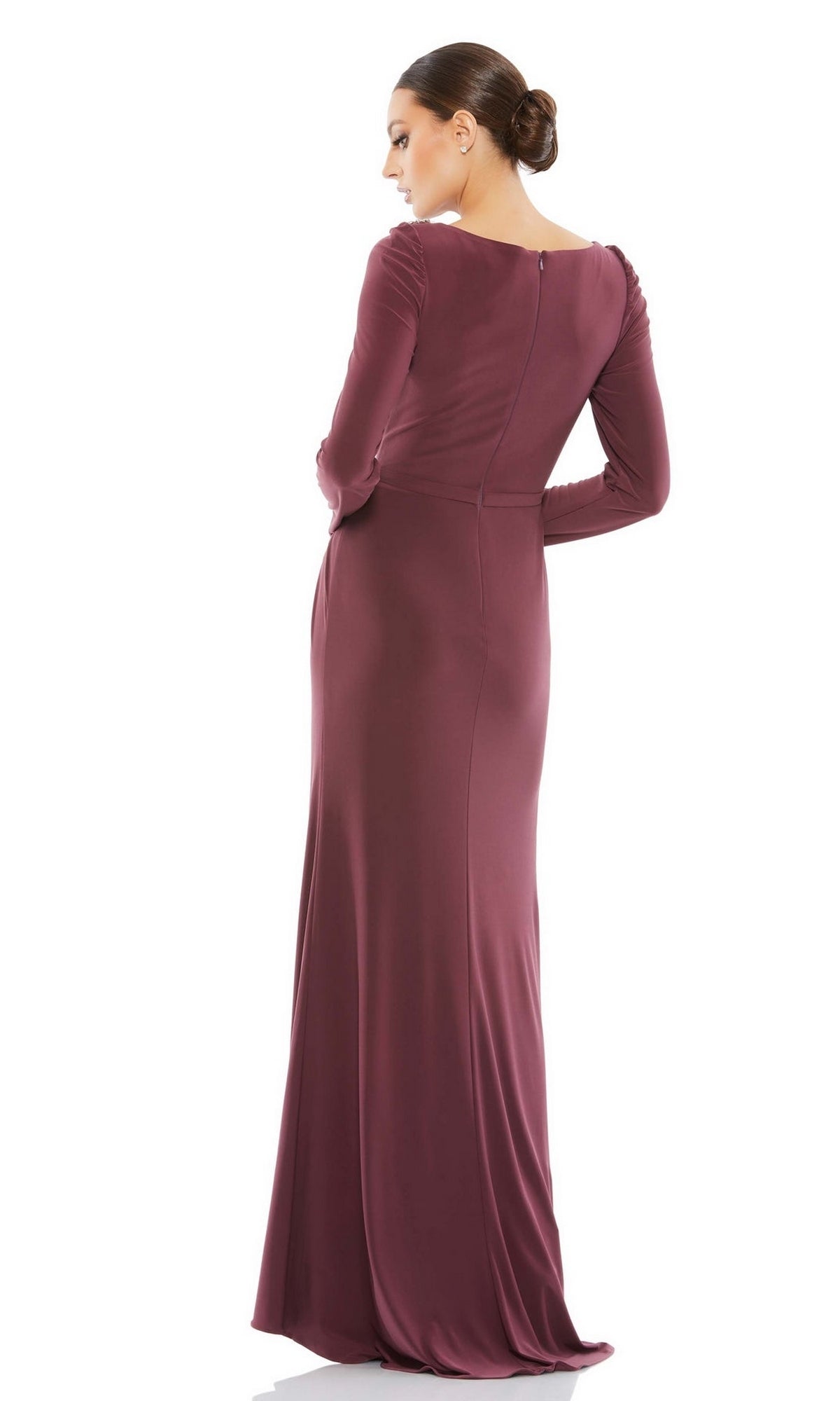 A woman stands with her back to the camera against a white background, wearing the mauve Long Formal Dress 55695 by Mac Duggal with long sleeves and a high neck.