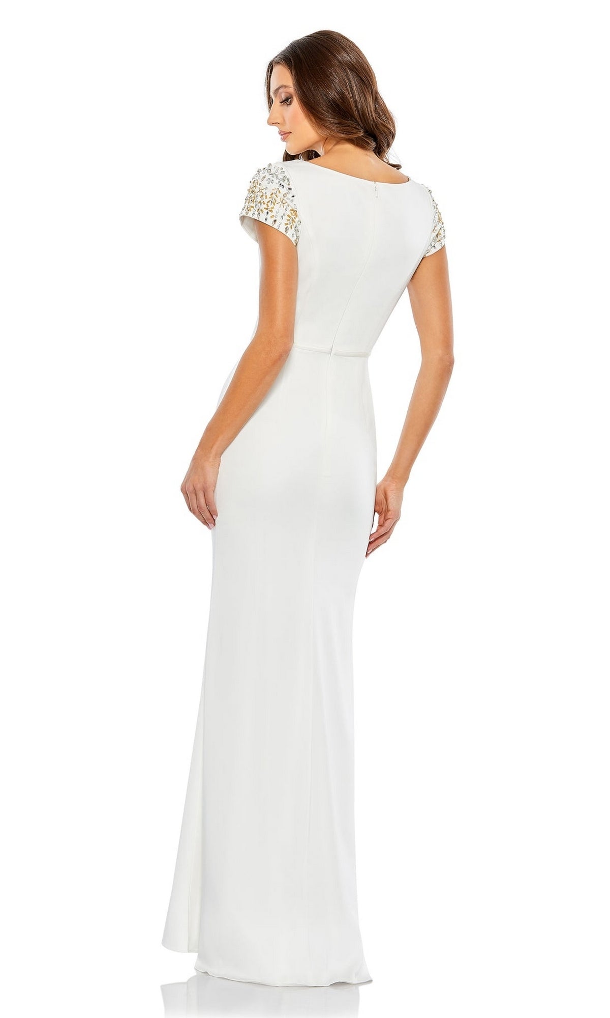 Woman wearing the Long Formal Dress 55718 by Mac Duggal, a floor-length fitted gown with short embellished sleeves, shown from the back against a plain white background.