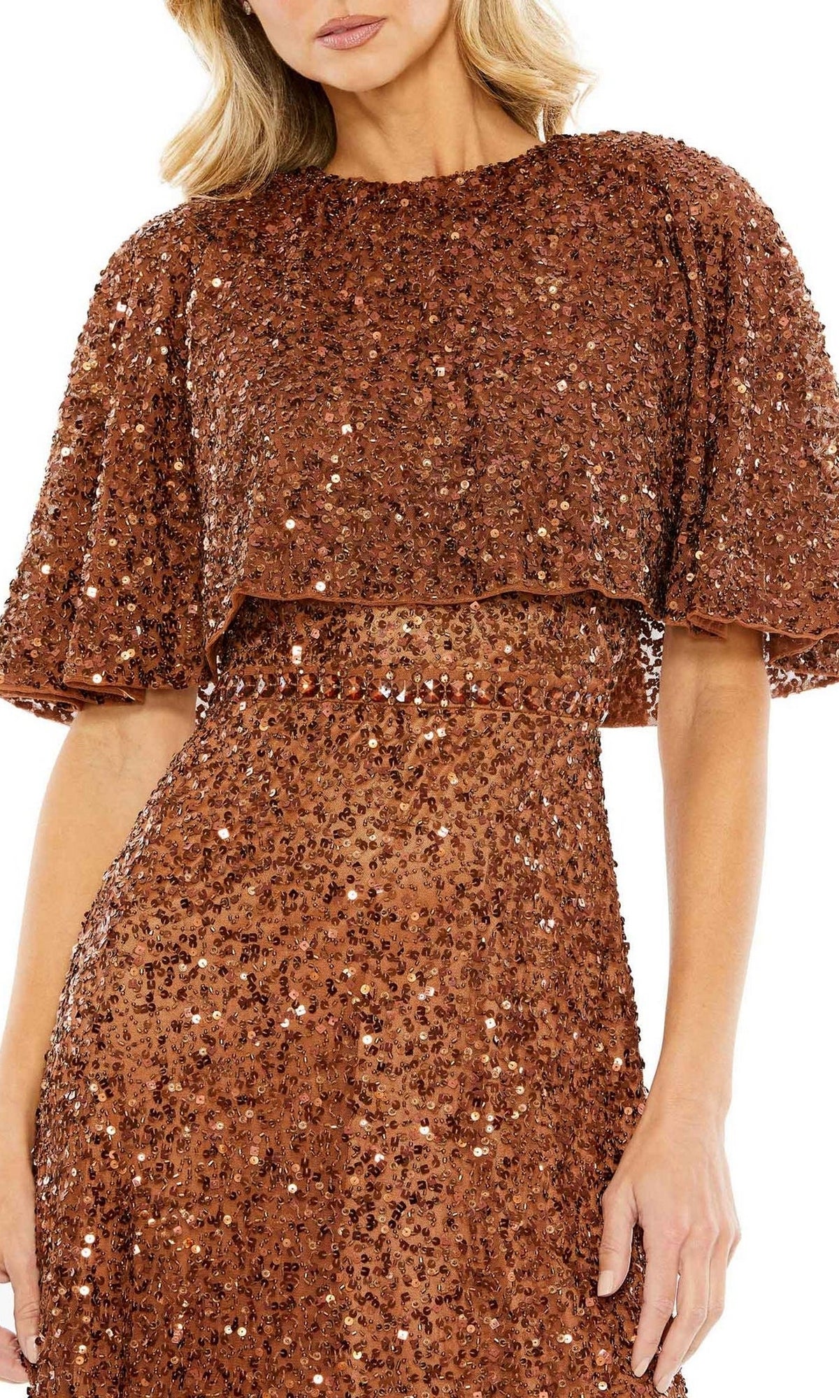 A woman in the Mac Duggal 5577 Caped Midi Semi-Formal Dress showcases a chic and stylish semi-formal look.