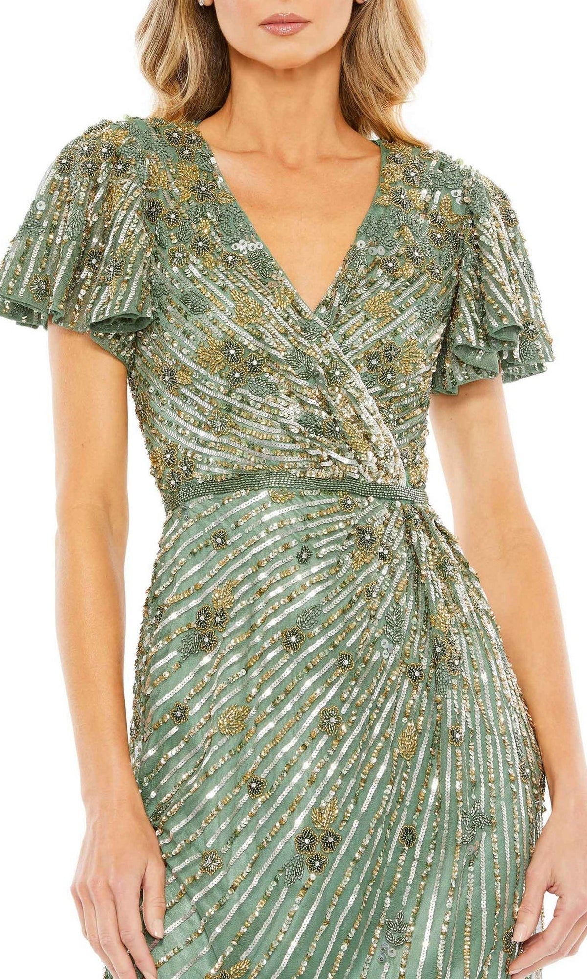 Woman wearing the Midi Sage Green Semi-Formal Dress: Mac Duggal 5582, a beaded cocktail dress featuring gold and silver sequin swirls, V-neck, and fitted waist.