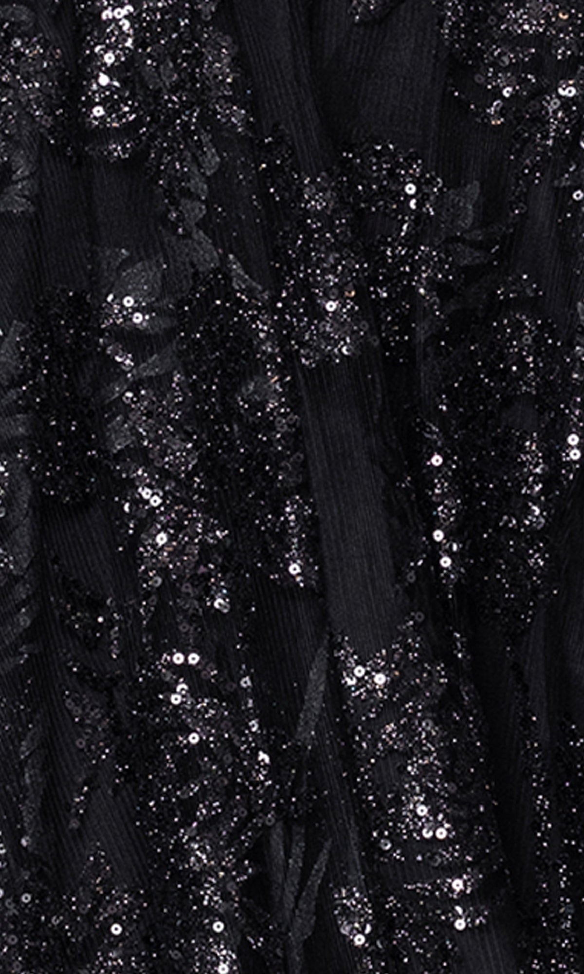 Close-up of textured black fabric with abstract florals, sequins, and glitter—ideal for the Black Glitter Short Hoco Dress: Blondie Nites 5583BN.