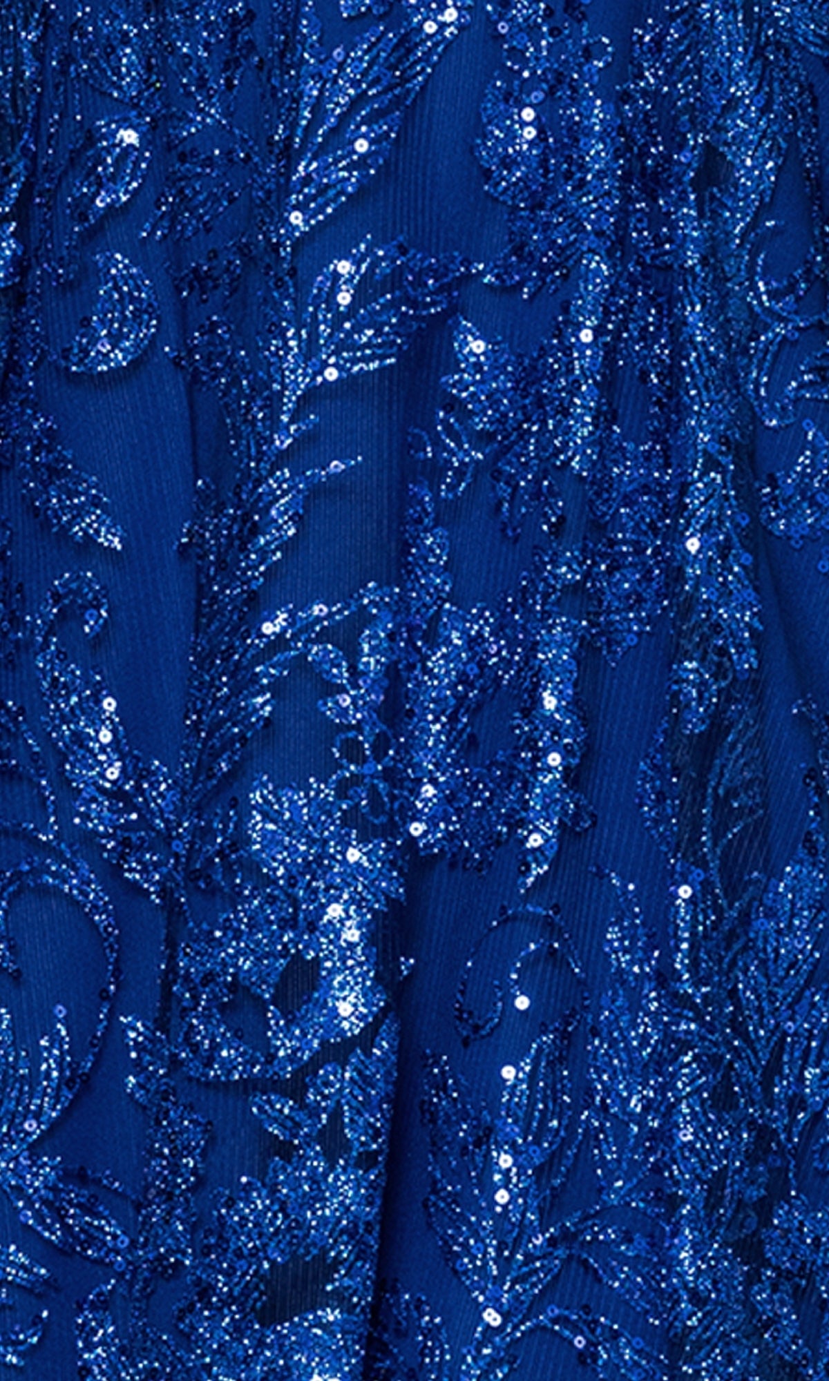 Close-up of blue fabric with intricate sequin and bead floral embroidery, adding shine and texture to the Short Glitter Hoco Dress: Blondie Nites 5607BN.