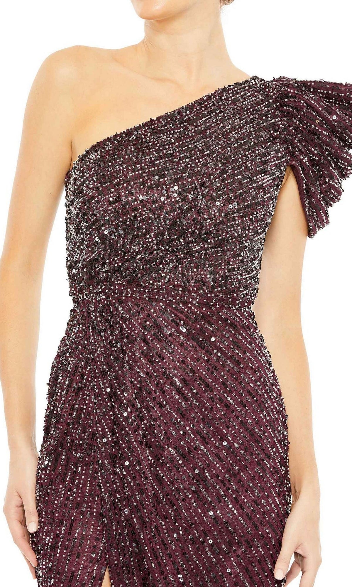 Someone wearing the Long Formal Dress 5622 by Mac Duggal, a one-shoulder, dark burgundy gown with sequin and bead embellishments, ruched detailing, and an asymmetrical sleeve.