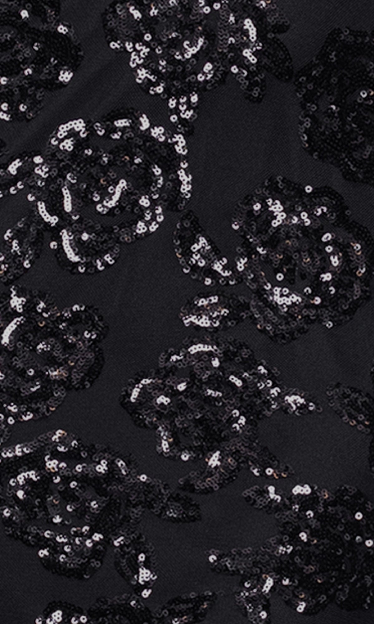 The Short Black Hoco Dress: Blondie Nites 5684BN features black fabric with black and silver sequin floral patterns for a textured, shiny look—ideal as a junior homecoming or sequin party dress.