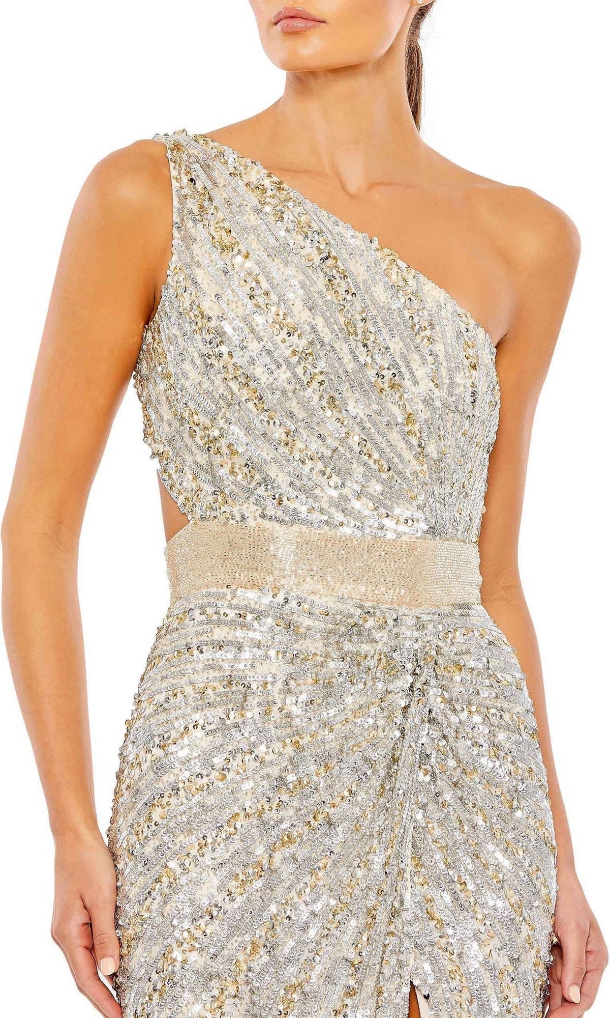 A woman wears the Mac Duggal 5687, a one-shoulder sequin formal dress with a form-fitting silver and gold design and wide textured waistband—a striking choice for any event.
