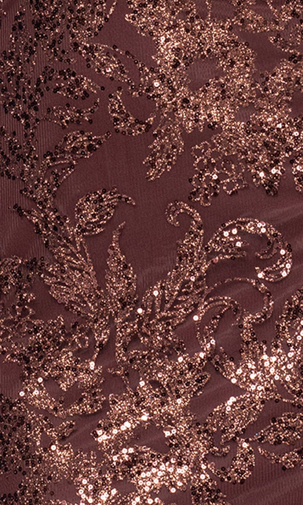 Close-up of the Brown Mini Sequin Hoco Dress Blondie Nites 5704BN, showing its intricate floral patterns in bronze and rose gold glitter—ideal for a show-stopping junior cocktail or party look against a mauve or brown backdrop.