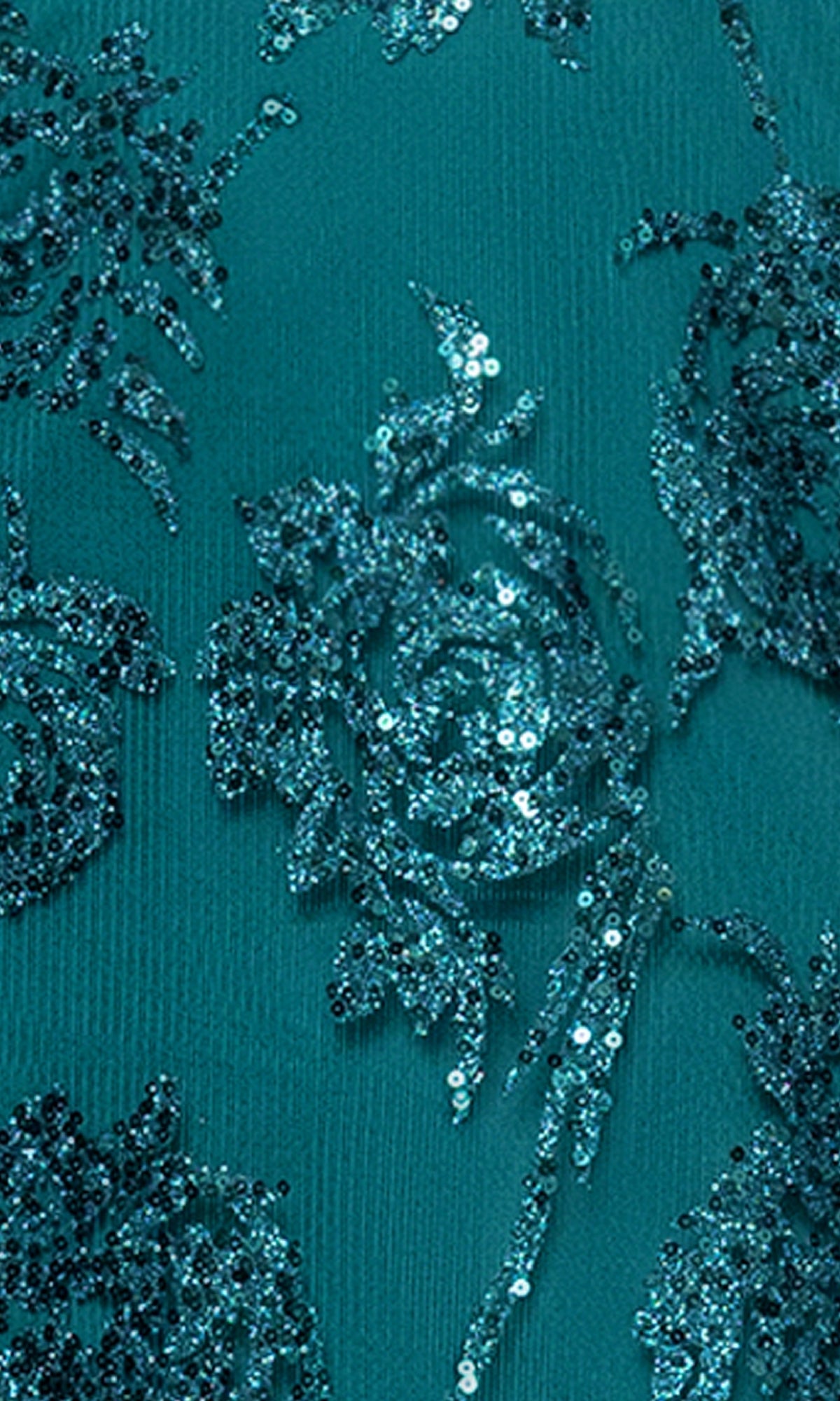 Close-up of the Short Sequin Teal Hoco Dress: Blondie Nites 5757BN, featuring intricate floral sequin details—ideal for an affordable, sparkling party or cocktail dress.
