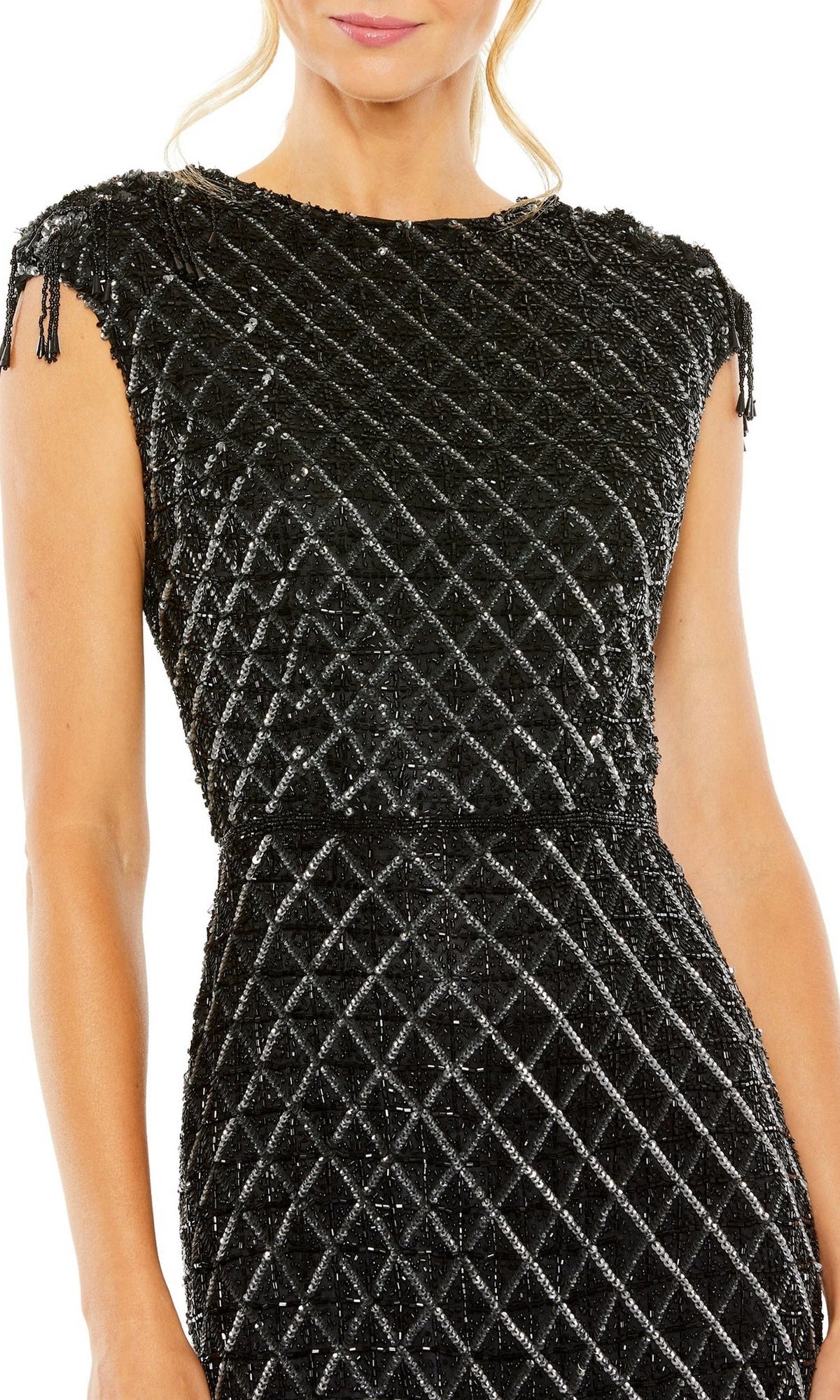 A woman wearing the Mac Duggal 5776 Beaded Black Midi Formal Dress, featuring a textured geometric diamond pattern and subtle shoulder tassel details.