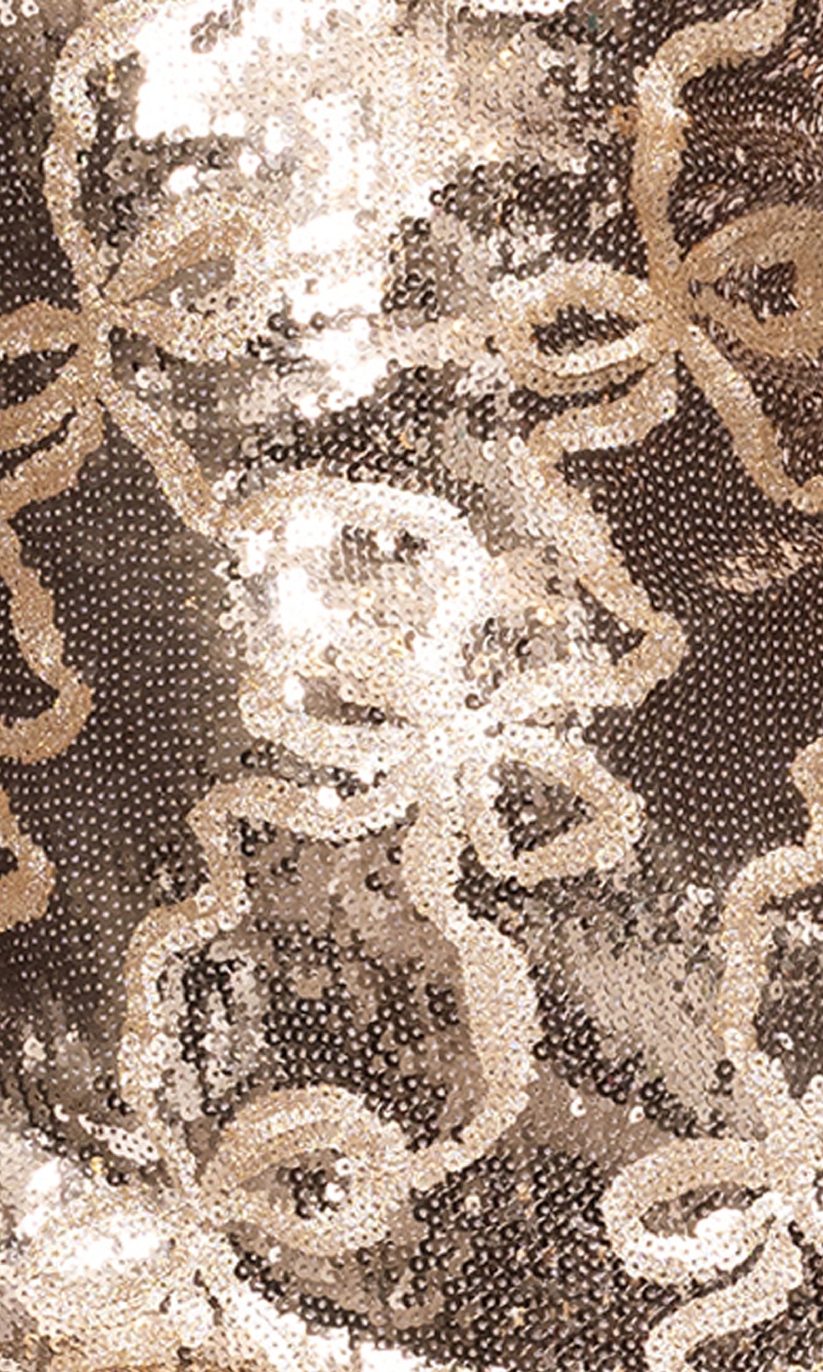 Close-up of beige and gold sequins in a floral pattern, reflecting light like the sparkling Short Gold Sequin Hoco Dress: Blondie Nites 5798BN.